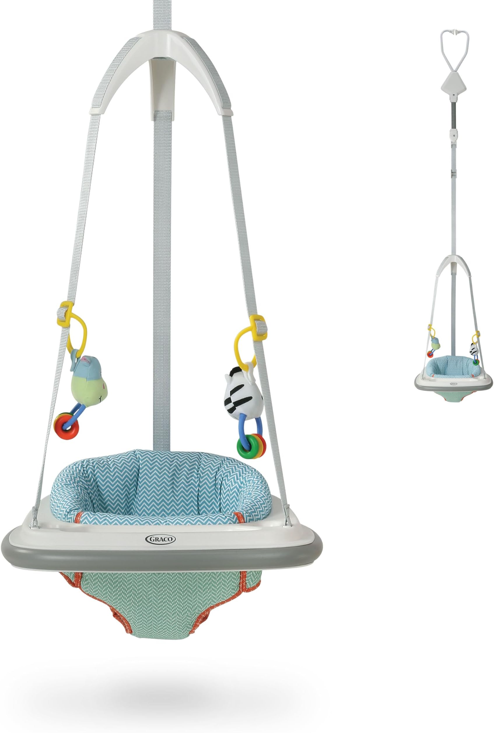 Graco® Bumper Doorway Jumper for Baby, Bounce Seat with Machine Washable Pad, Adjustable Height Baby Jumper, Play Tray for Toys, Caravan