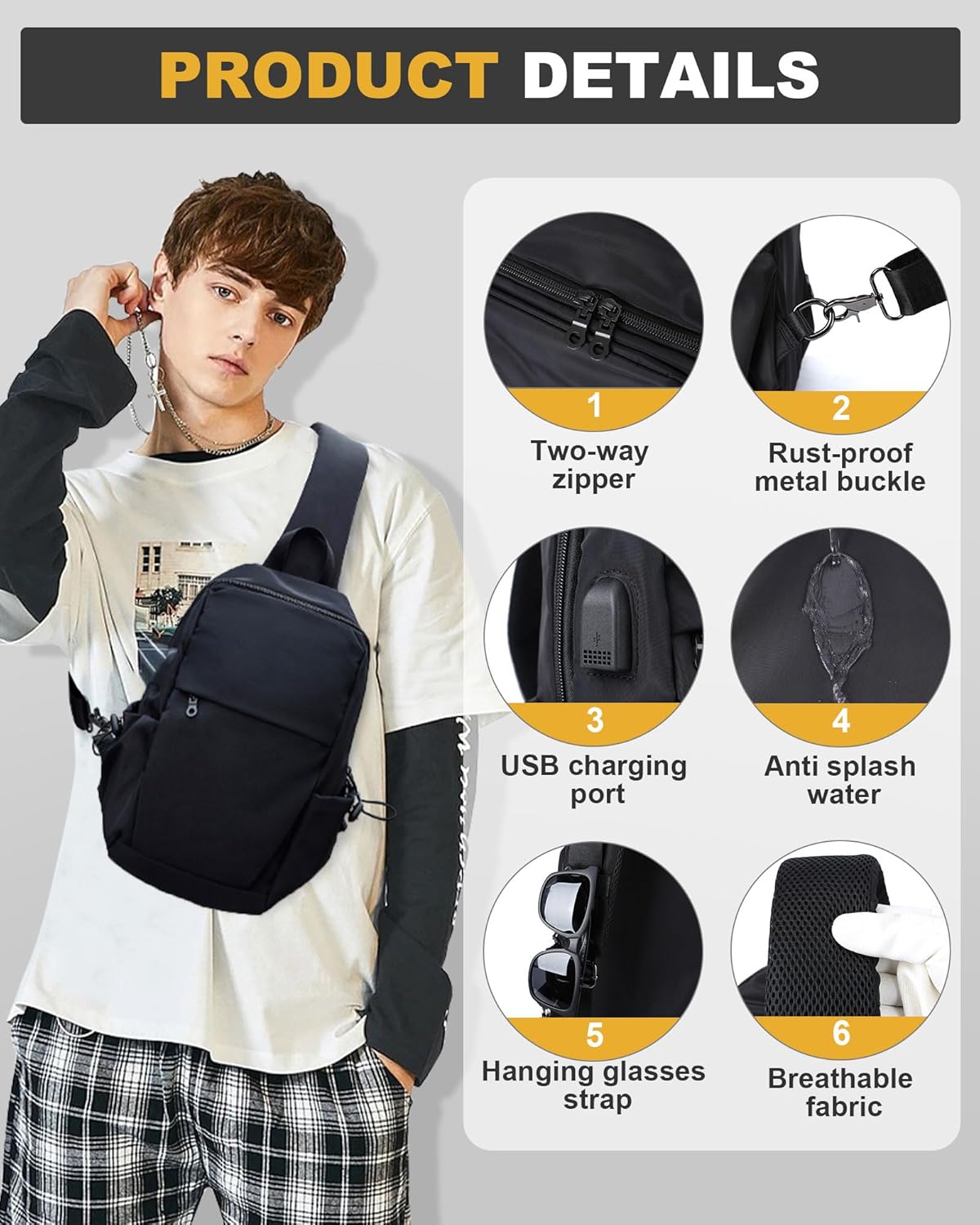 SEAFEW Medium Black Black Sling Bag for Men and Women - Sport Crossbody Backpack for Pickleball, Tennis, Racketball - Image 4