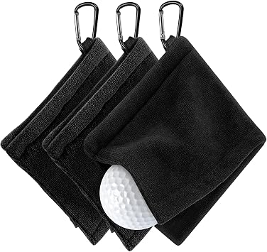 3 Pack Absorbent Golf Towels for Men Women, Multipurpose Cleaning Towel with Carabiner for Golf Bag, Outdoor Fitness, Gym and Travel 3 Colors, Black