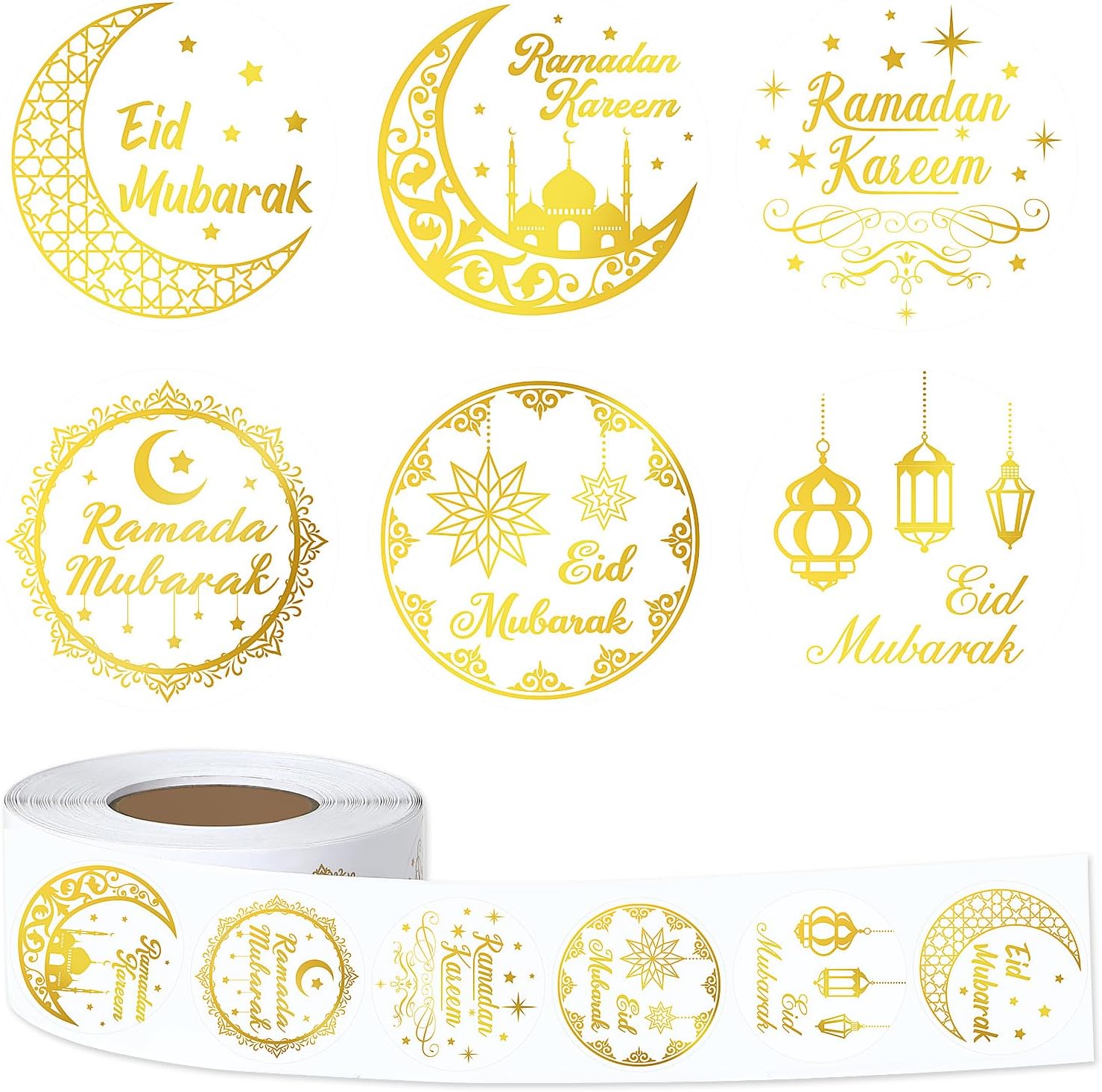 FEBSNOW 600Pcs Ramadan Stickers, Self AdhesivGold Foil Eid Mubarak Stickers