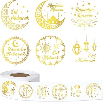 FEBSNOW 600Pcs Ramadan Stickers, Self AdhesivGold Foil Eid Mubarak Stickers | Easy to Peel off Ramadan Kareem Labels, Envelope Card Gift Box Scrapbook Water Bottle Decor, Festival Holiday Party Supplies