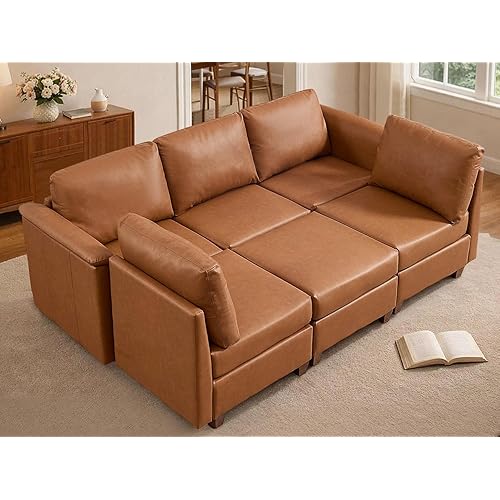 GARTMILAN Leather Sectional Couches for Living Room, Modular Sectional Sofa with Storage, Faux Leather Reversible 6-Seat Couches,Brown