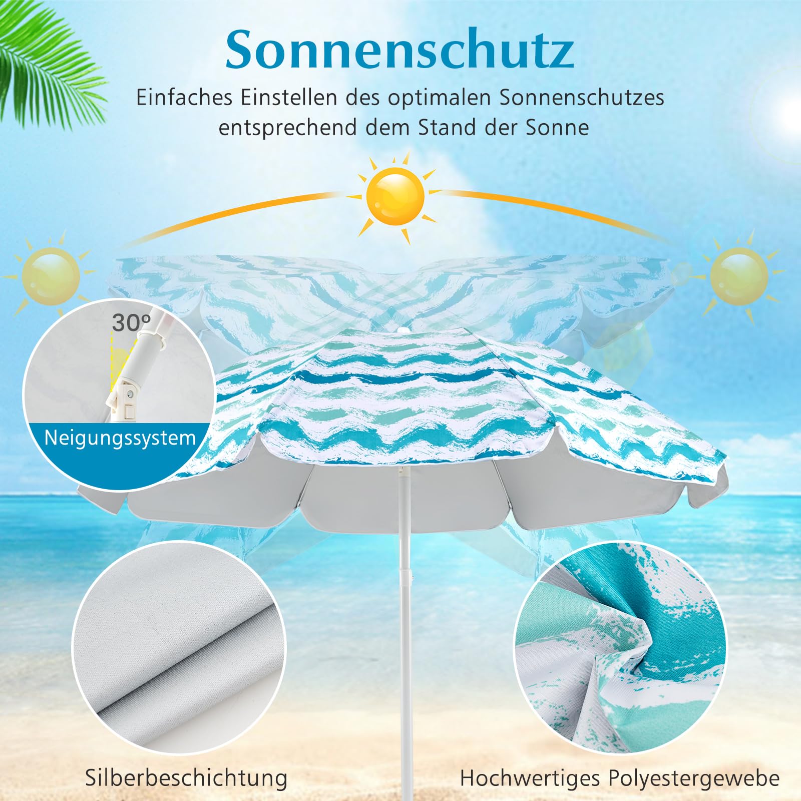 COSTWAY Strandstühle mit Schirm und Stranddecke, Sonnenschirm mit Tragetasche, beidseitig um 30° knickbar, 2 Klappstühle mit Rückentasche, Picknickdecke