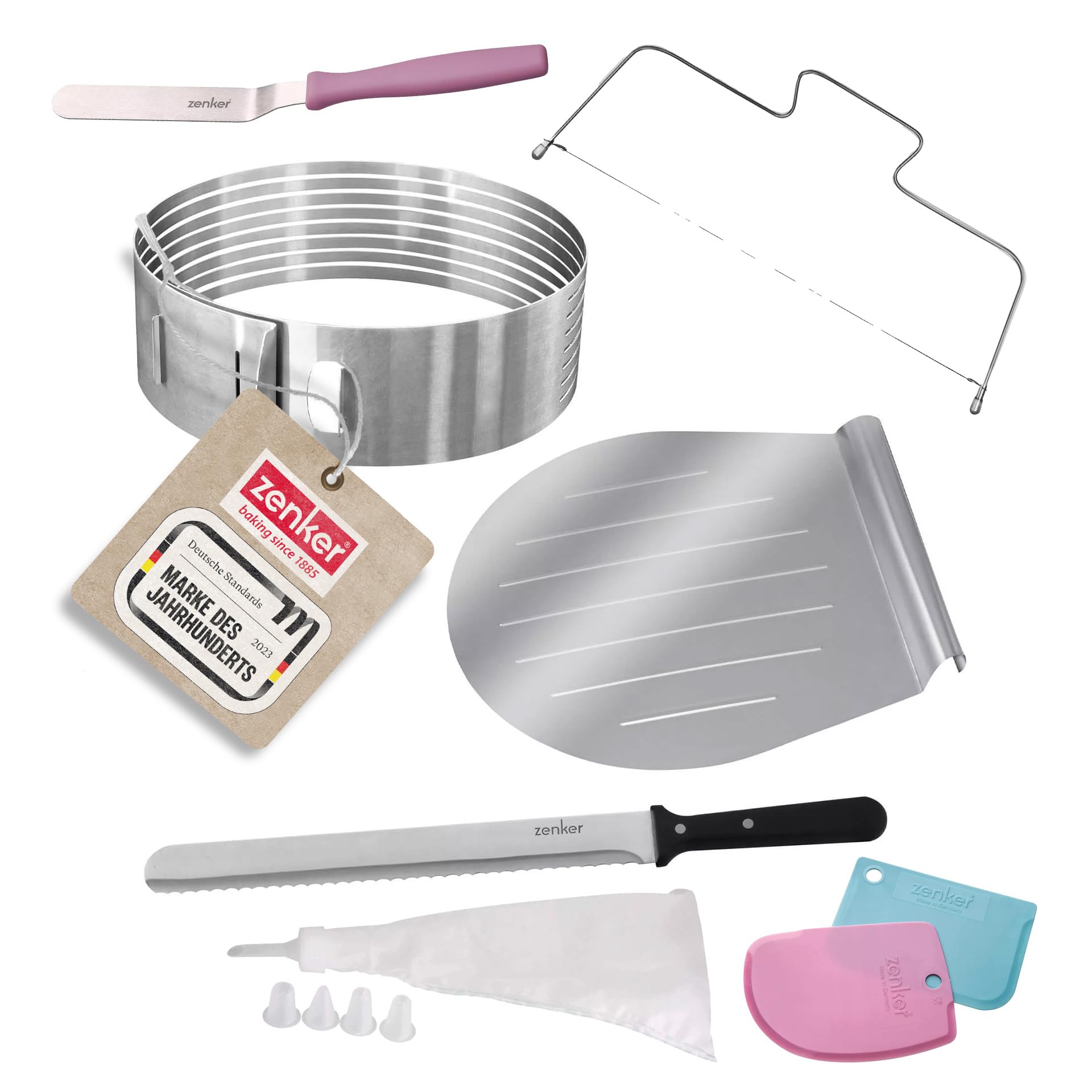Zenker Premium Backset – Ultimatives 13-Teiliges Back- und Dekorationsset in Trendfarben mit Teigkarten, Spritzbeutel, Tortenbodenschneider und Mehr für Hobbybäcker