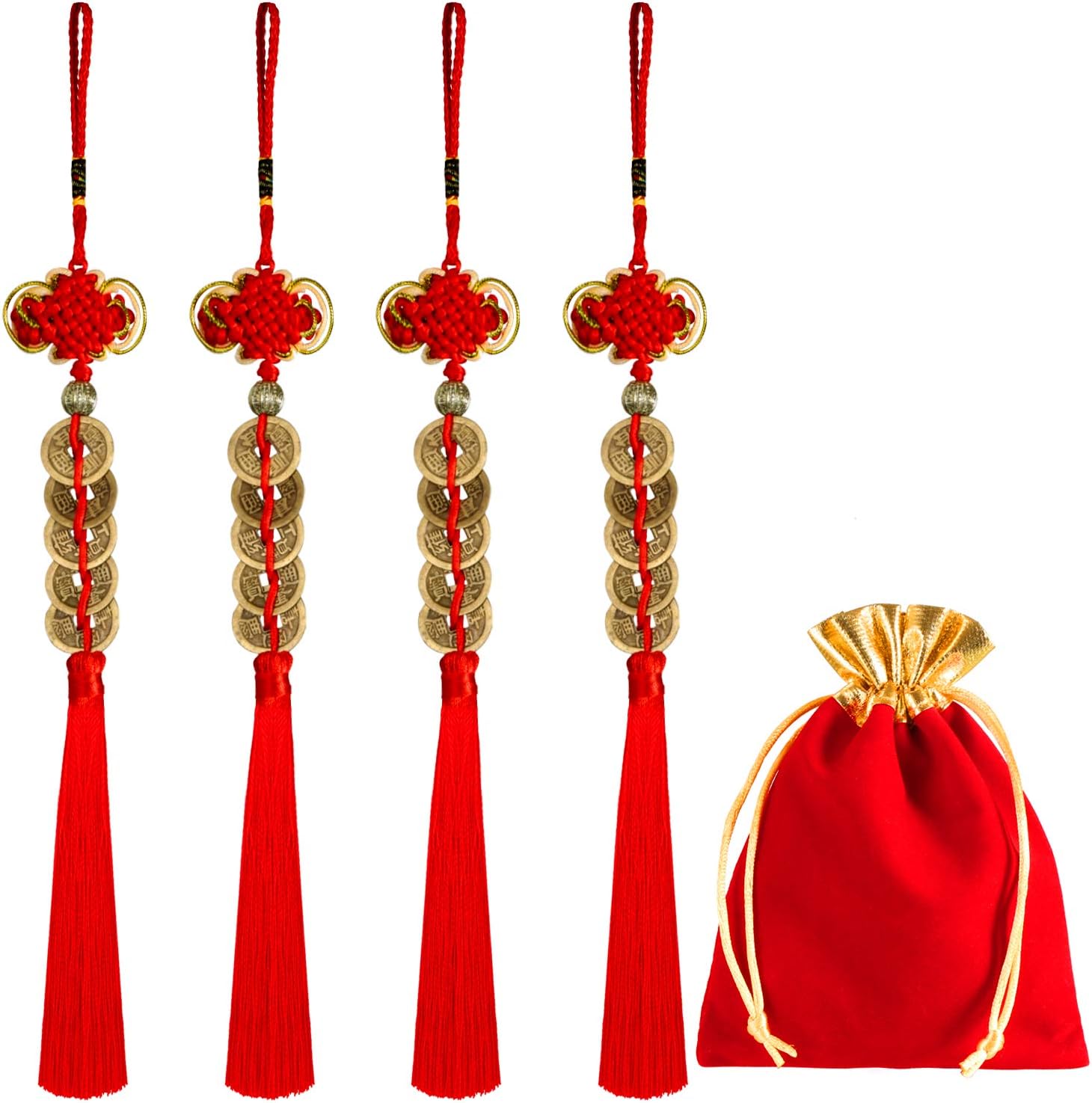 Boao 4 Pieces Chinese Knot Lucky Coins Feng Shui Coins I-Ching Fortune for Good Luck and Healthy with Storage Bags