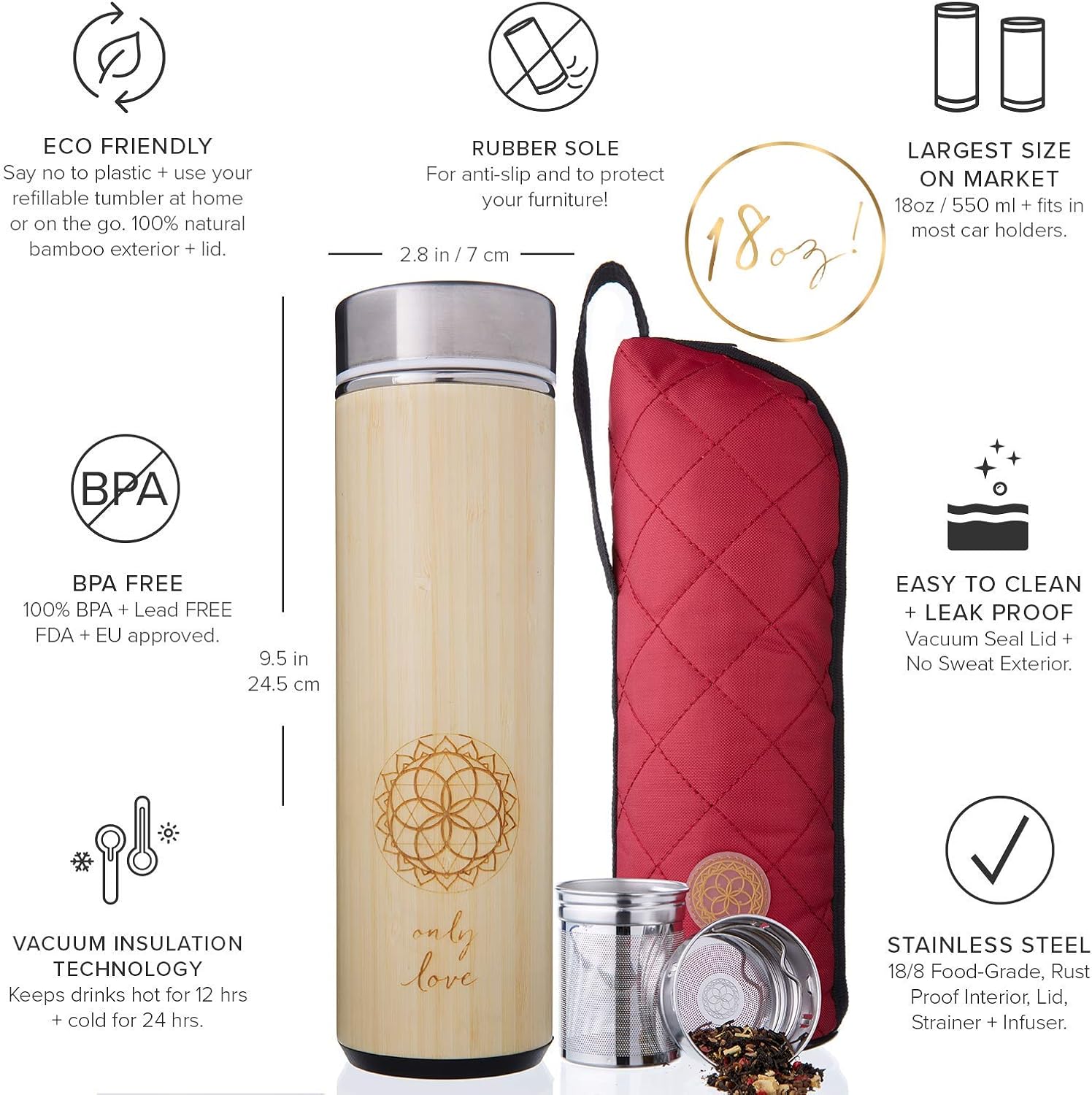 Sacred Lotus Love Insulated Bamboo Tea Travel Tumbler with Infuser, Strainer & Sleeve - For Hot Coffee or Cold, Stainless Steel Coffee Mug, Ideal Tea Gift Set, Keeps Beverages Hotter for Longer - Image 2