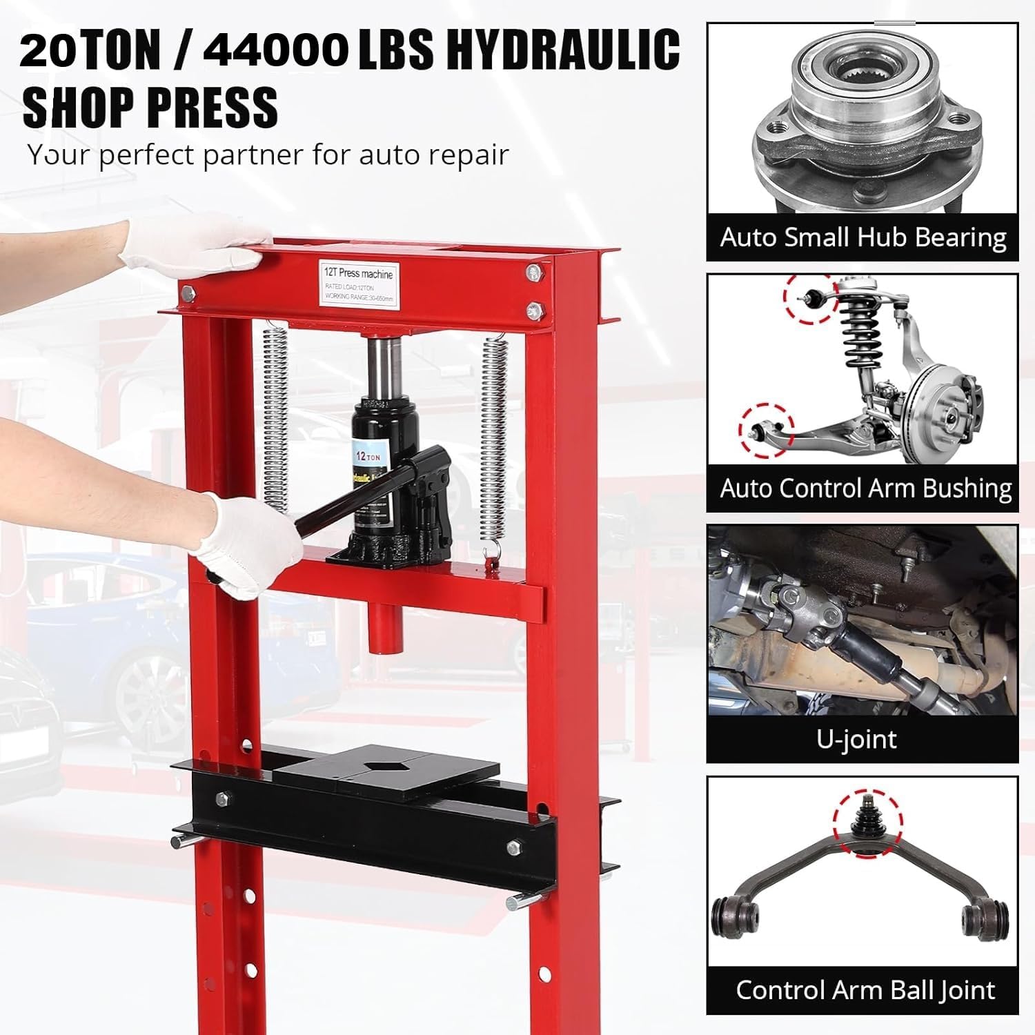 Garvee prensa de taller en acero al carbono para trabajos de compresión y prensado, estructura robusta para garaje y mantenimiento, 49 kg, envío en una sola caja, para taller mecánico [20T rojo]