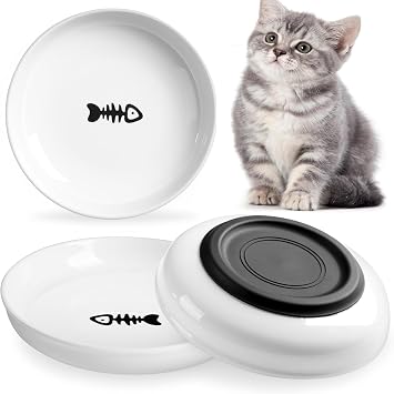 Ceramic Cat Bowls, Wellbro Kitten Dishes and Plates for Wet Food | Whisker Friendly, Flat, Shallow, Non-slip, Dishwasher Safe. Ideal for Food and Water, Pack of 3