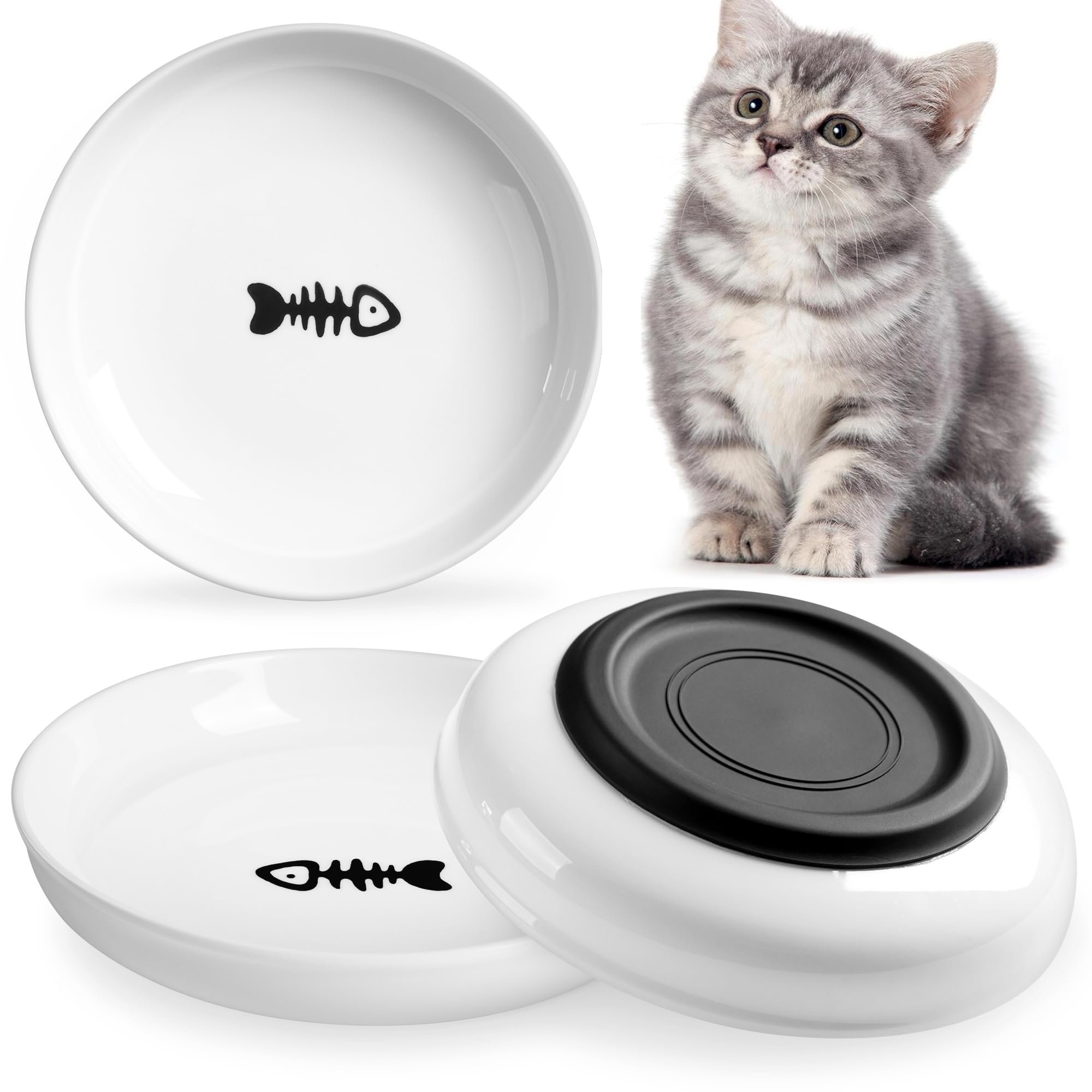 Wellbro Ceramic Cat Bowls, 3Pcs Whisker Friendly Shallow Food and Water Bowls for Kittens, Cat Dishes Plates with Non-Slip Silicone Base‌ (Deeper-3 PACK)