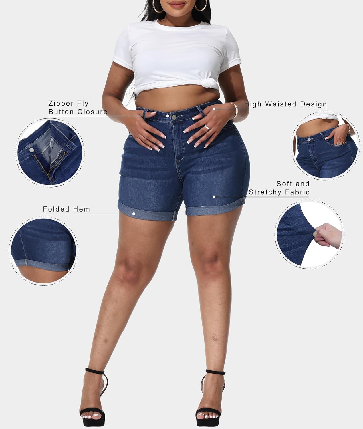 Womens Plus Size Jean Shorts Stretchy High Waisted Distressed Fold Hem Denim Shorts - Image 5