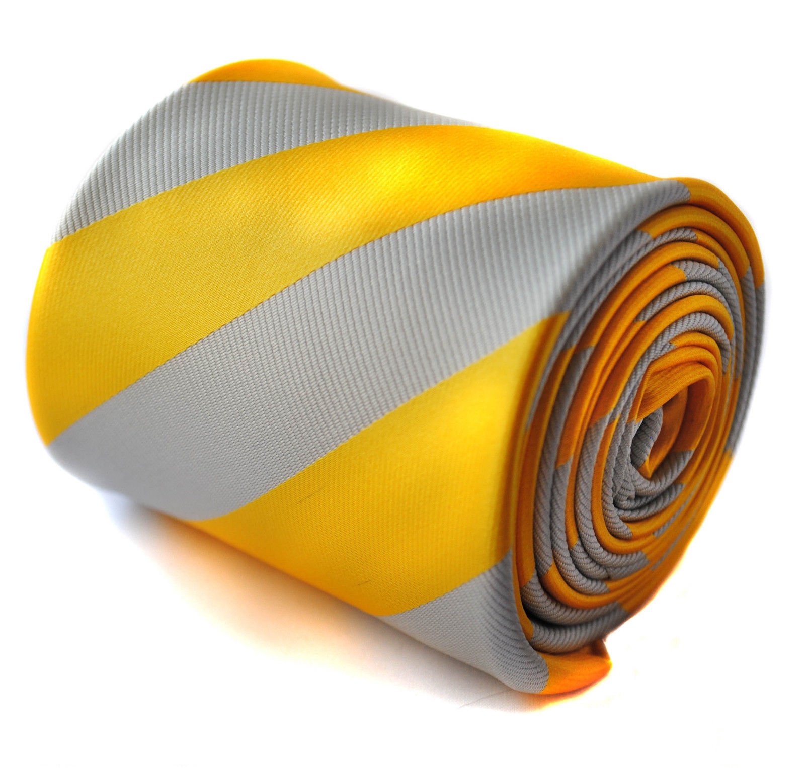 Frederick Thomas Men's Yellow And Grey Yellow And Silver Grey Barber Striped Tie With Signature Floral Design To The Rear