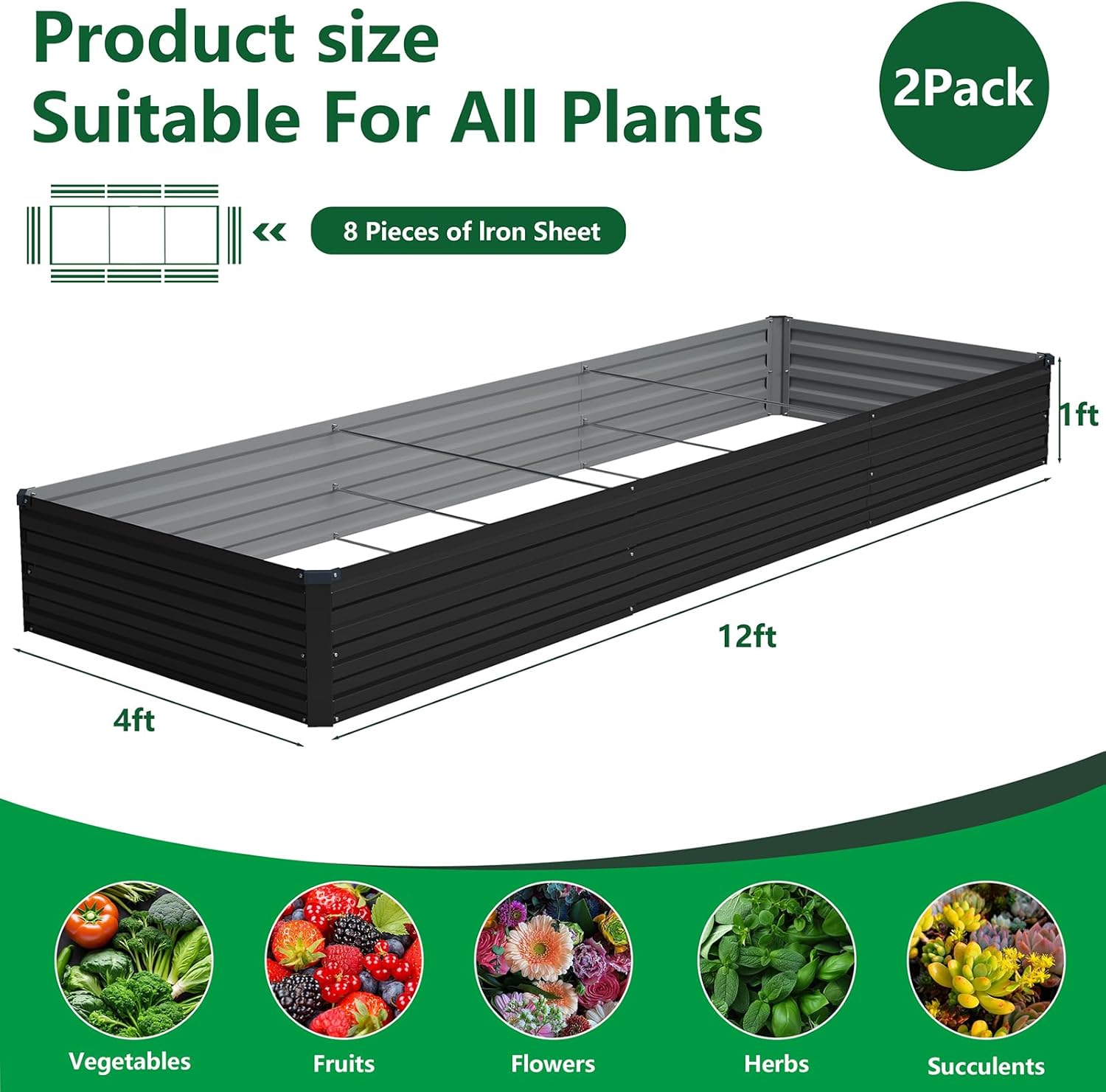 Vengarus 2 Pack 12x4x1FT Galvanized Raised Garden Bed Kit, Outdoor Metal Planter Box for Vegetables, Rectangular Steel Container, Easy Assembly (Black)