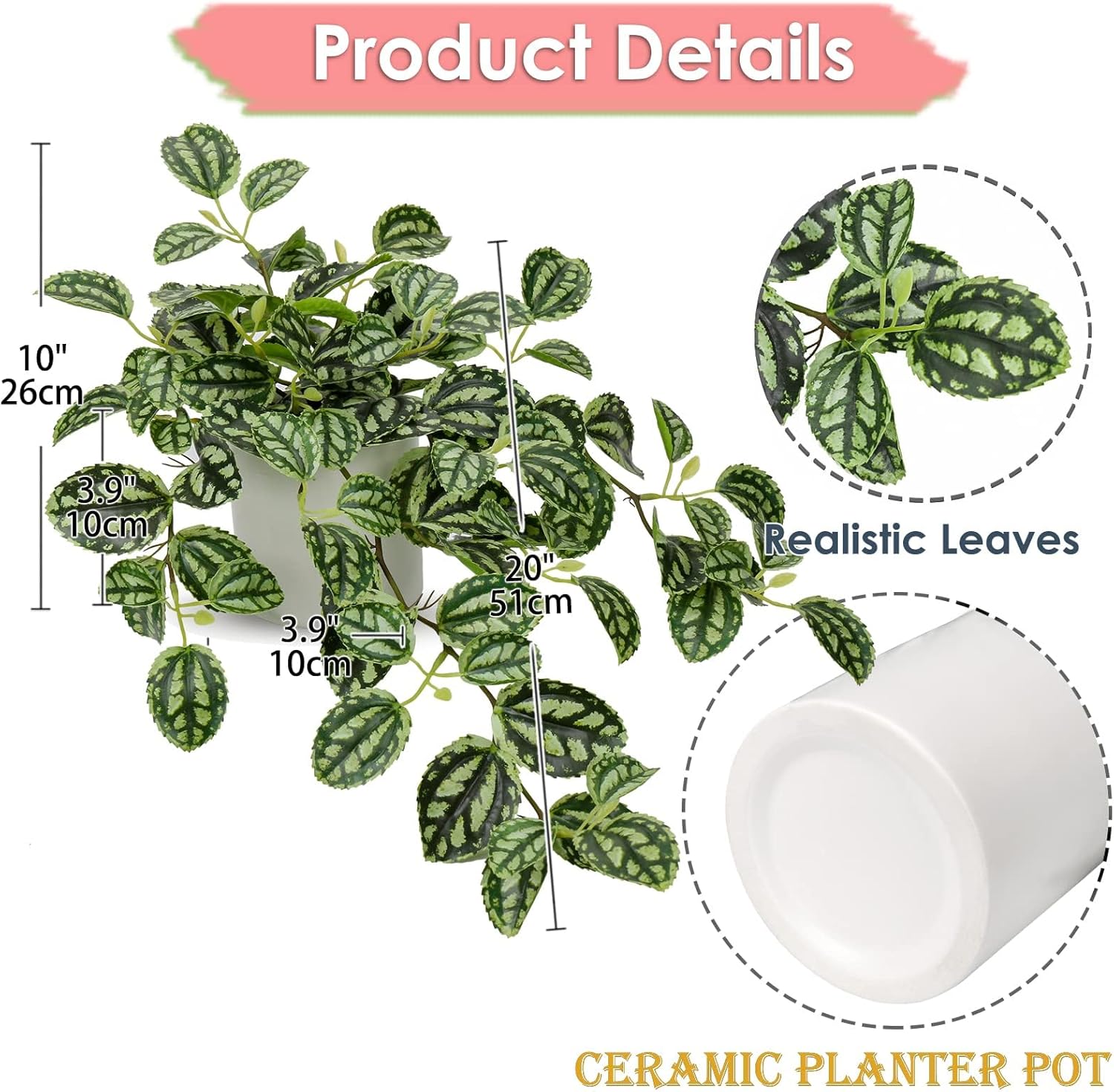 Fake Hanging Plants, 20 Inch Artificial Ivy Plant in Ceramic Pot Faux Watermelon Peperomia Trailing Vine Plant Potted for Home Bedroom Office Table Shef Desk Indoor Outdoor Decor Green - Image 2