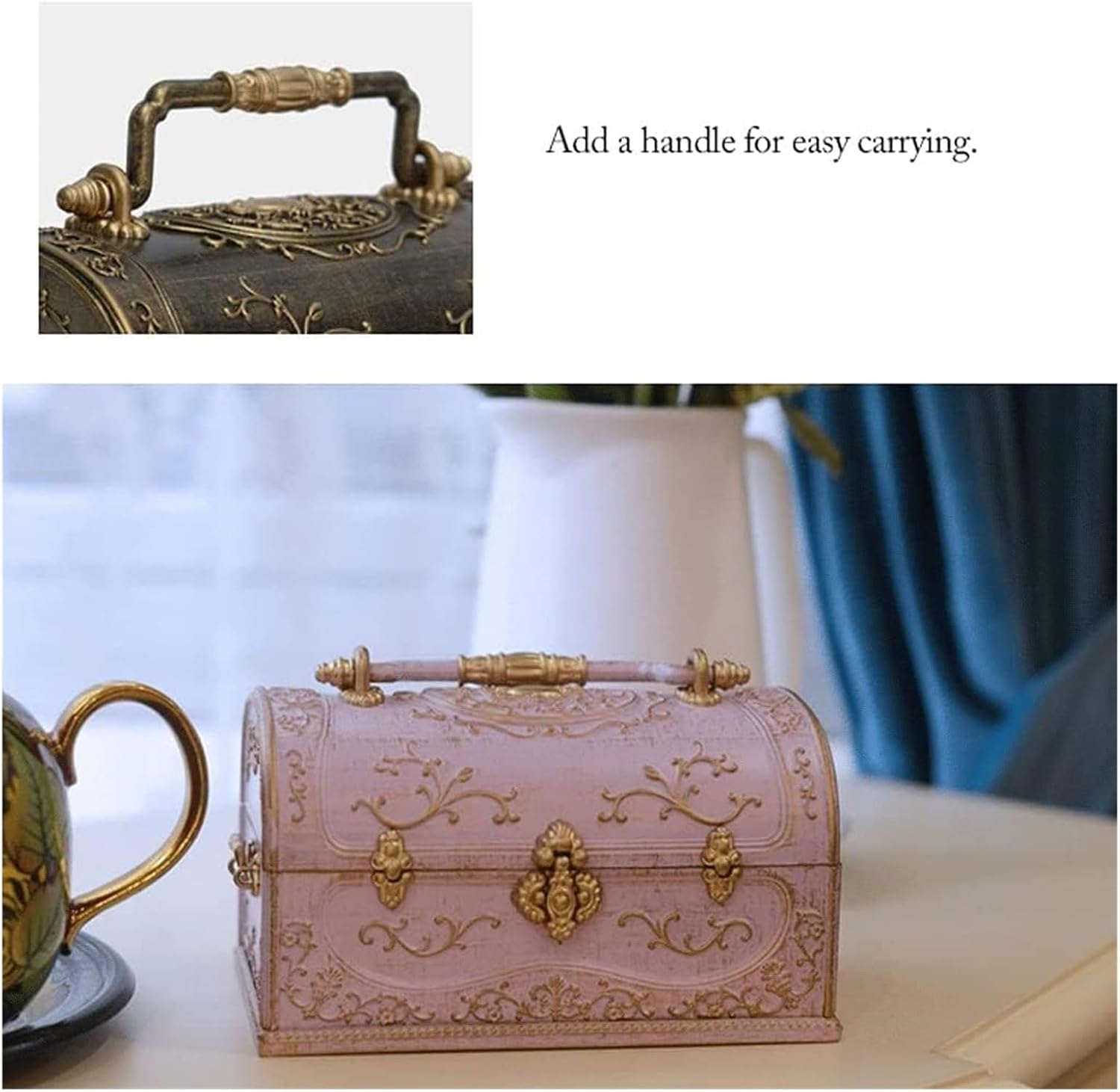 オルゴール 女性、女の子向けのポータブルハンドルトレジャーケース付きヴィンテージミュージックジュエリーボックス。 恋人への贈り物 (