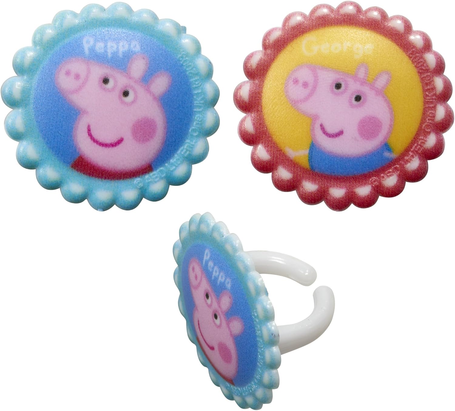 DecoPac Peppa Pig Siblings Rings, Cupcake Decorations Featuring Peppa and George, Blue and Yellow 3D Food Safe Cake Toppers – 24 Pack
