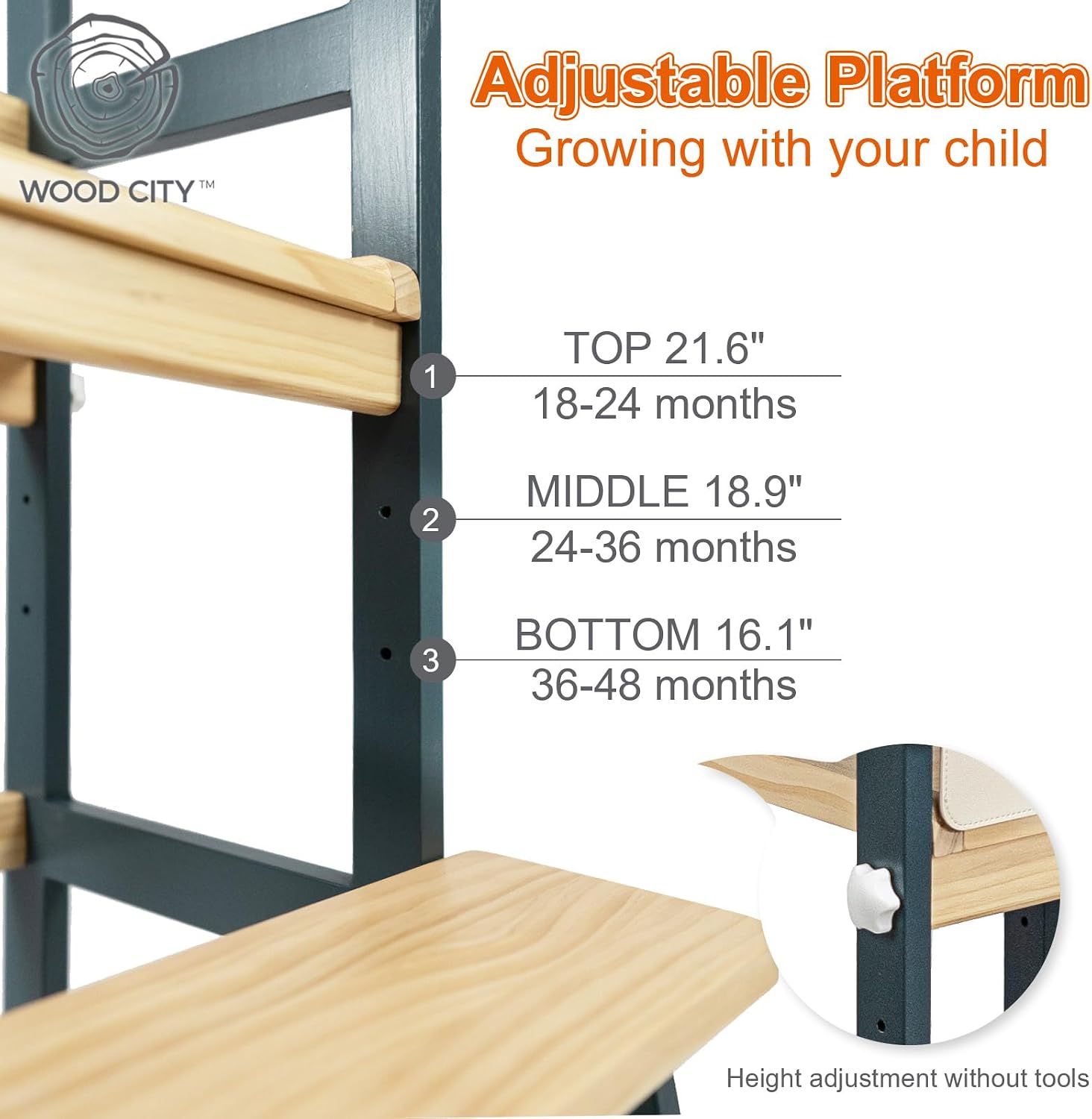 Kitchen Step Stool for Toddlers with Non-Slip Mat, WOOD CITY Wooden Kids Montessori Learning Stool Tower, Toddler Standing Tower Helper for Kitchen Counter and Bathroom Sink (Deep-Blue-Adjustable) image 2