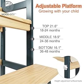 WOOD CITY Kitchen Stool Helper for Kids with Non-Slip Mat, Toddler StandingTower for Learning, Wooden Toddler Stepping Stool for Counter & Bathroom Sink (Deep-Blue-Adjustable)