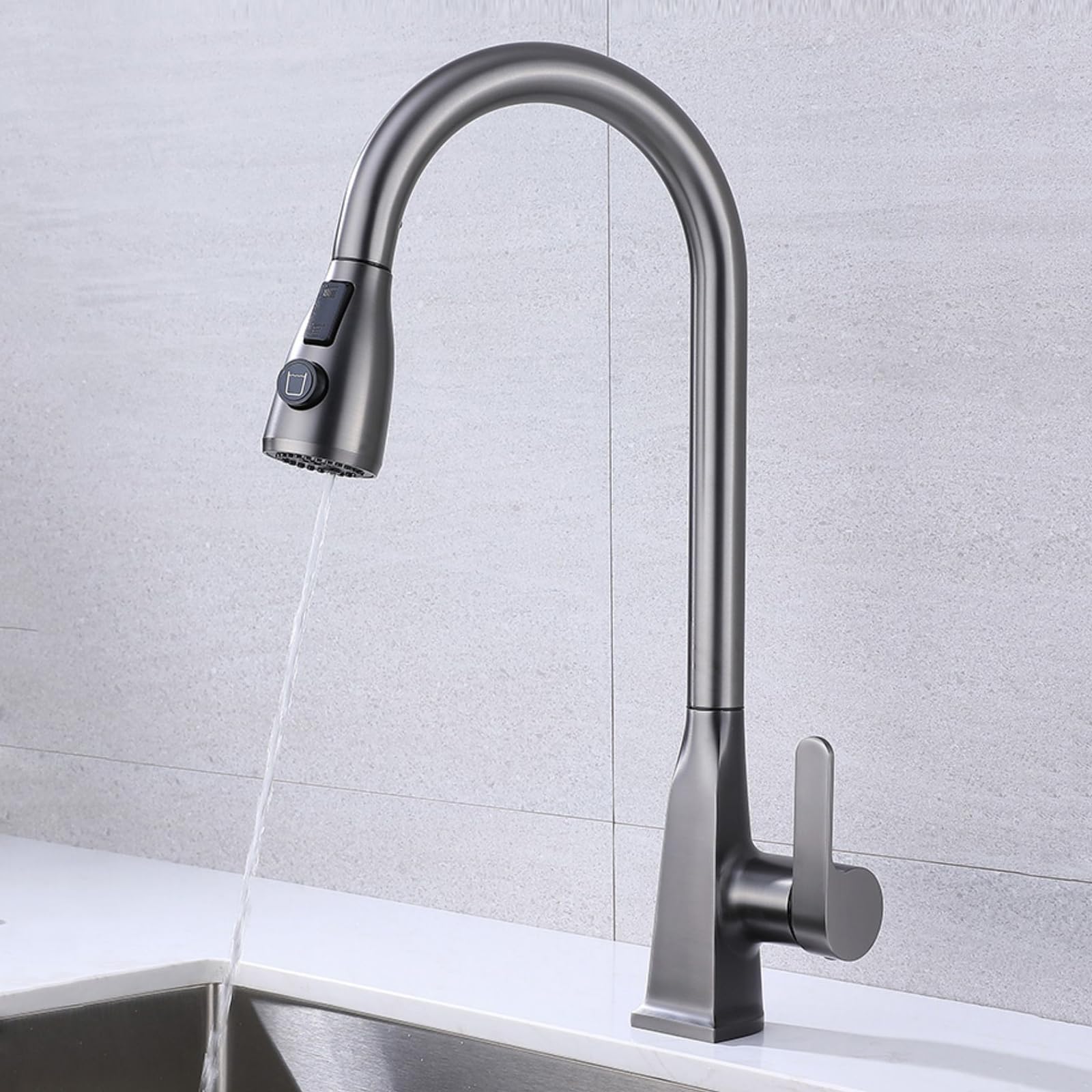 Aycdl Grey Kitchen Faucet Pull Down Spray Mixer Tap - 3 Function Swivel Spout Sink Single Handle For And Stylish