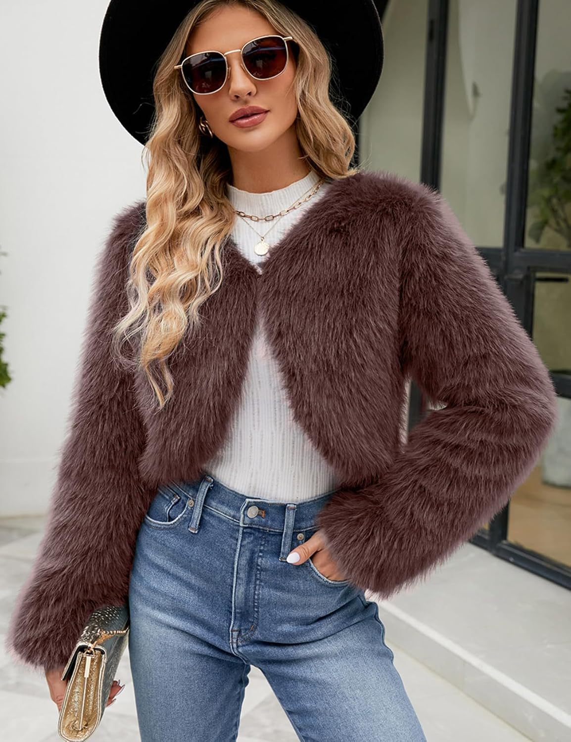 Gihuo Women's Winter Cropped Faux Fur Coat Long Sleeve Open Front Cardigan Fleece Jackets Shaggy Parka Outerwear - Image 5