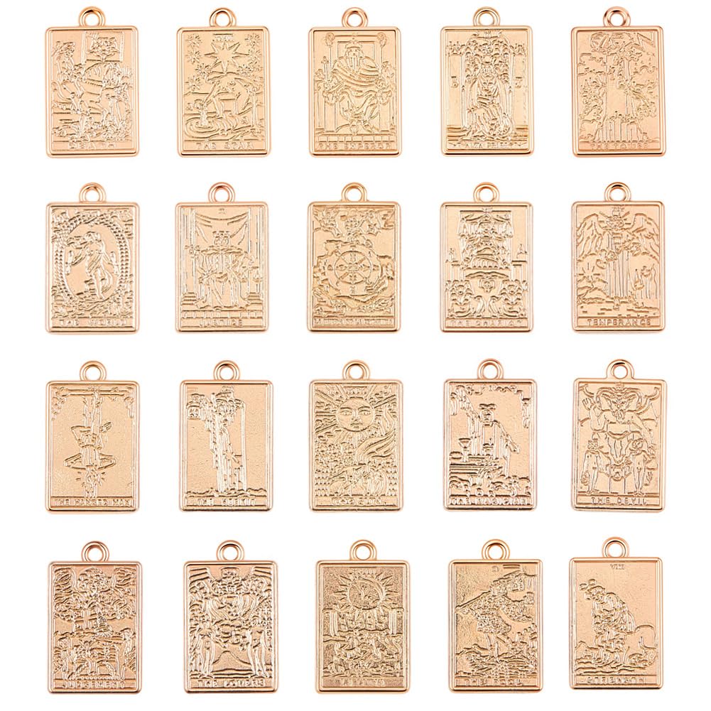 SUNNYCLUE 1 Box 40pcs 20 Styles Tarot Card Charms Tarot Charm Rectangle Alloy Light Gold Vintage Magic Good Lucky Fortune Card Pendants for Jewellery Making Bracelets Earrings DIY Crafting Supplies