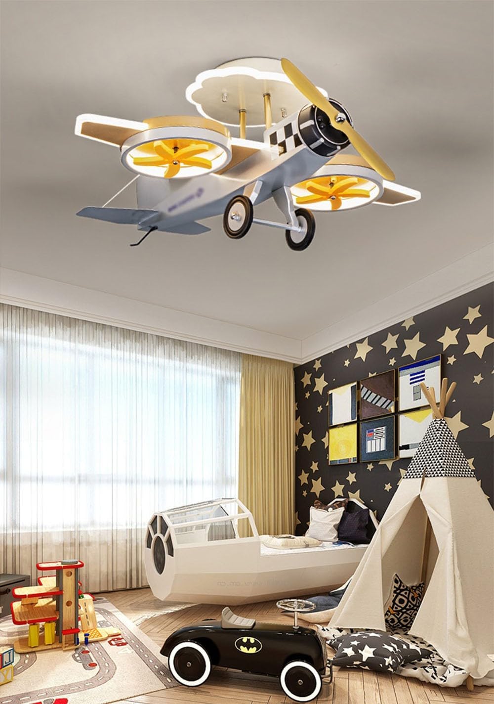 Children's Aircraft Chandelier Cartoon Boy's Room Bedroom Ceiling Lamp 60W Dimming with Remote Control,Hanging Light