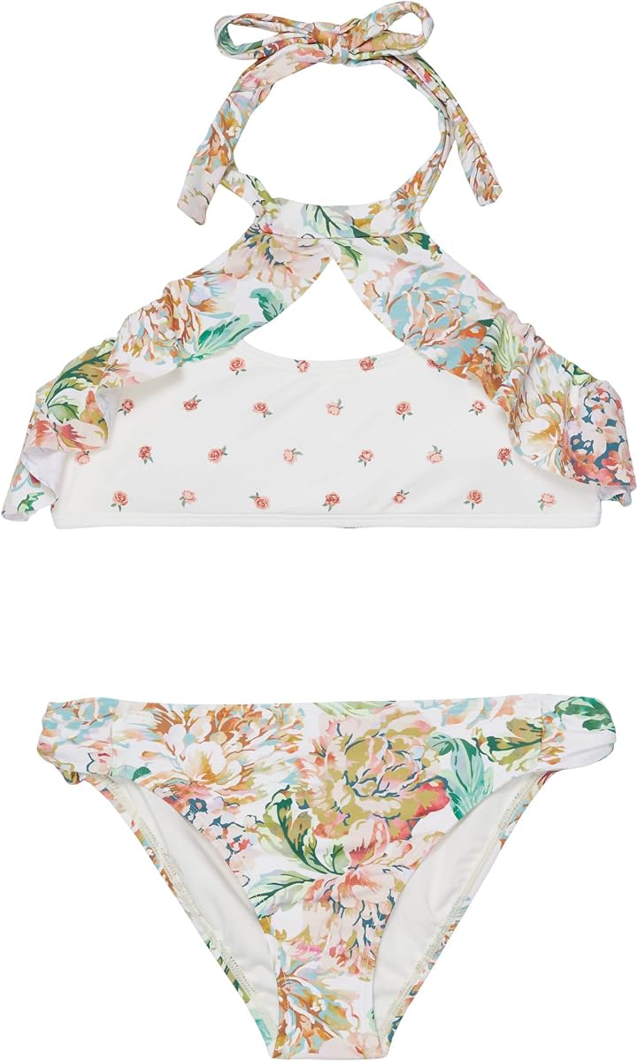 Girls Arden Floral Ruffle High Neck Swim Sets, Vanilla, 10