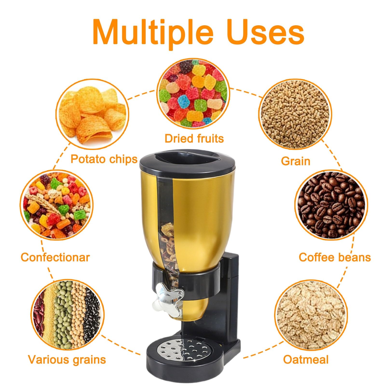 Distributore di Cereali da Banco, Dispenser di Cibo Secco, Contenitori per Snack con Coperchio per Cereali, Noci, Caramelle, Snack, Riso, Farina D'avena, Cibo per Animali Domestici(Gold,3.5L)