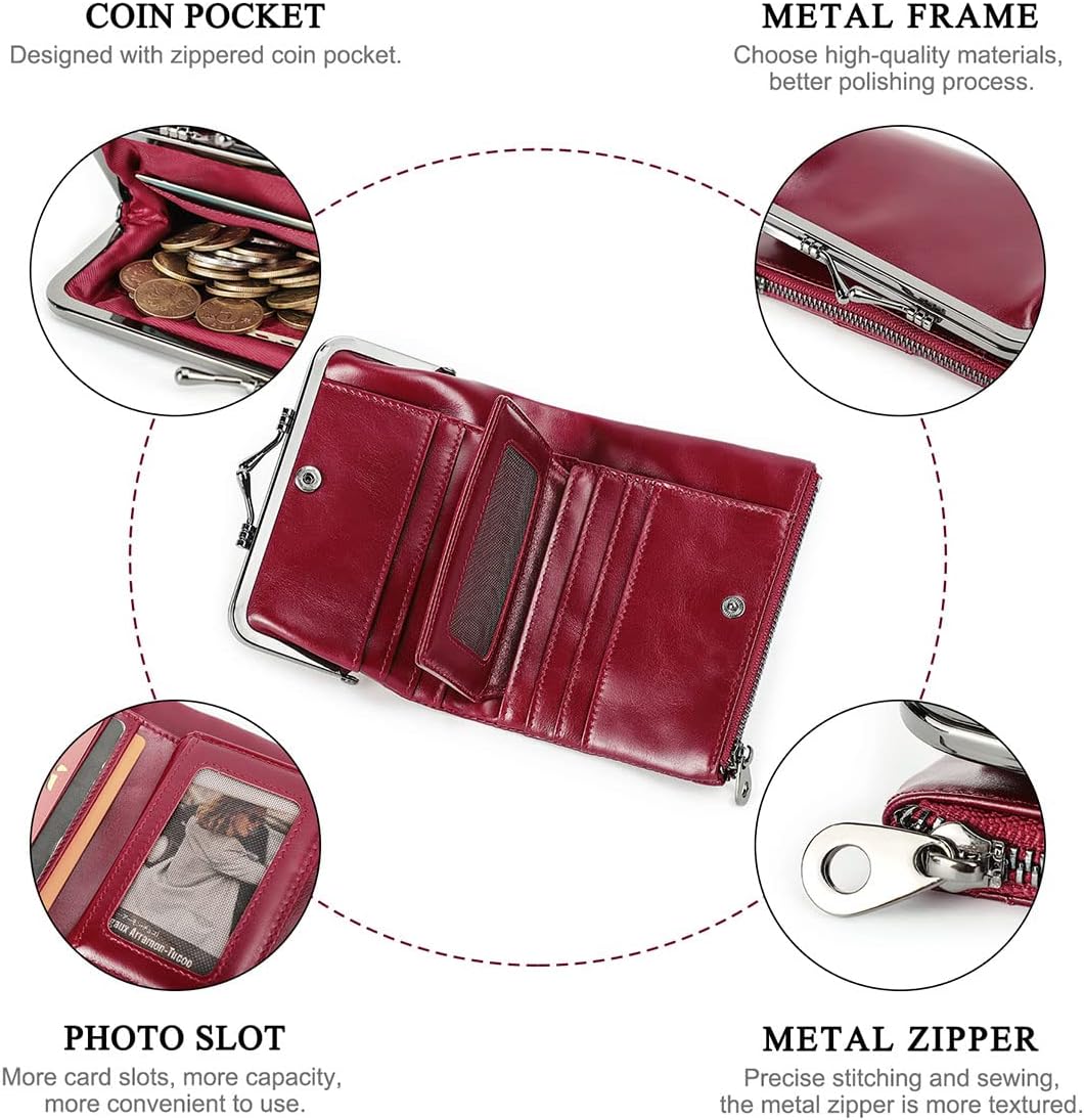 CONTACTS Full Grain Leather Kiss Lock Wallet for Women Kiss Clasp Coin Purse Vintage Small Bifold Wallet with Rfid Blocking (Red) - Image 8