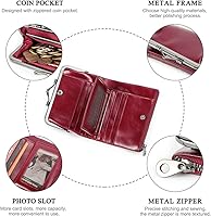 Vista 5 de CONTACTS Cartera de cuero con cierre de beso para mujer, con cremallera, bolsillo para monedas, vintage, plegable, Rfid, tarjetero, Rojo -, Chic