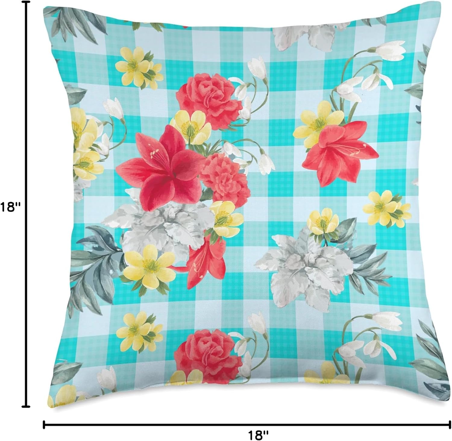 Pioneer Country Farm Red Yellow Peonies on Turquoise Gingham Throw Pillow