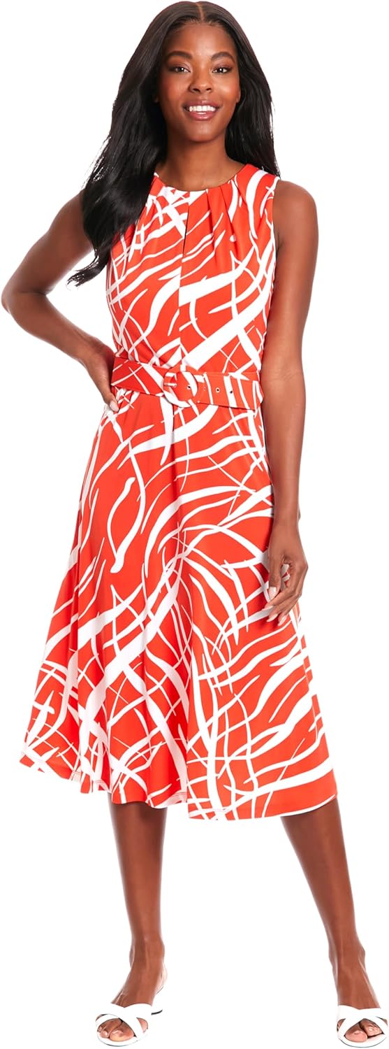 London Times Womens Sleeveless Jersey Keyhole Belted Midi Dress