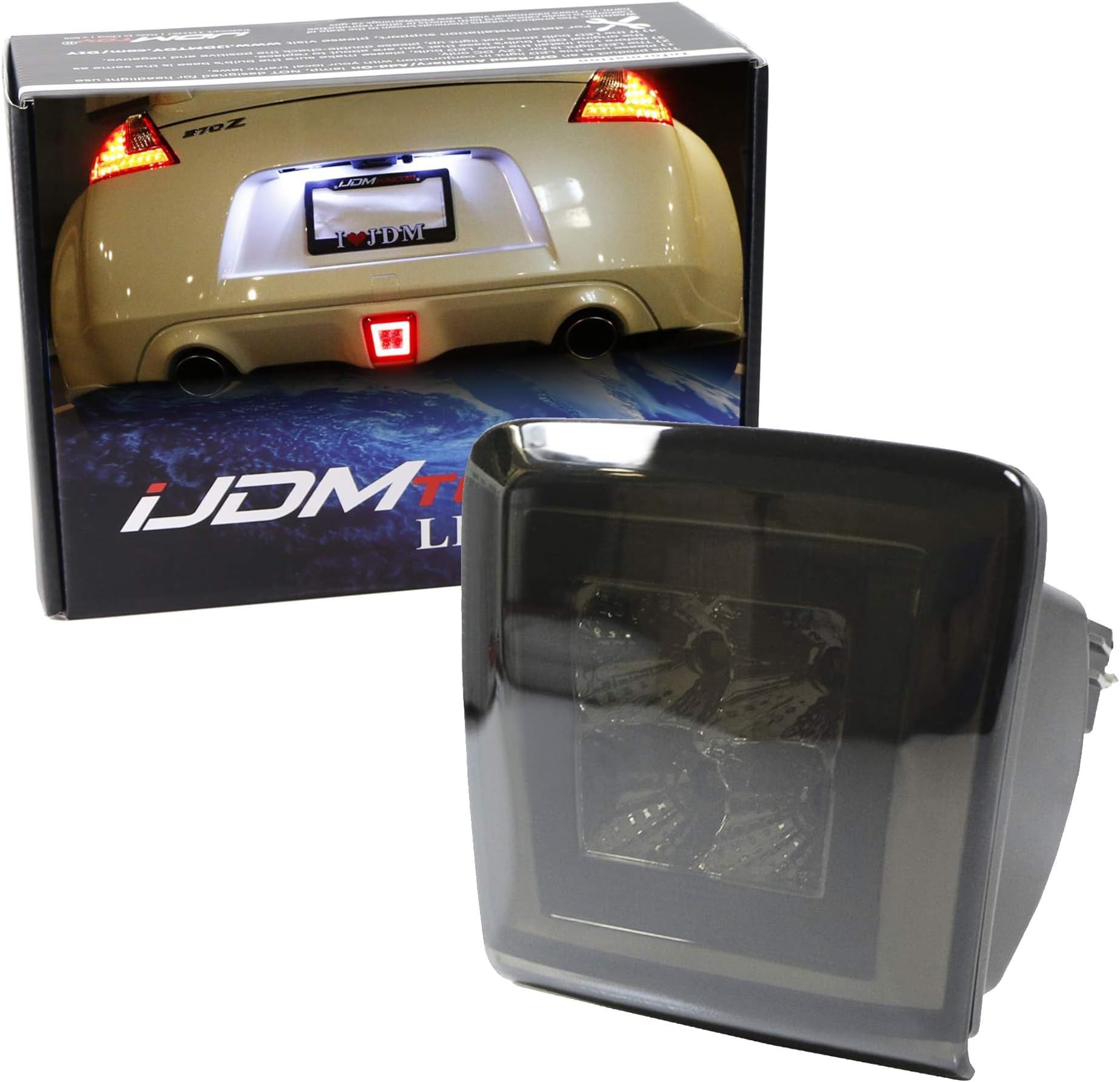 iJDMTOY Dark Smoked Lens LED Rear Fog Light Kit Compatible With 2009-2020 Nissan 370Z & 13-17 Juke Nismo, Powered by Red LED as Brake/Rear Fog & White LED as Backup Reverse Lamp