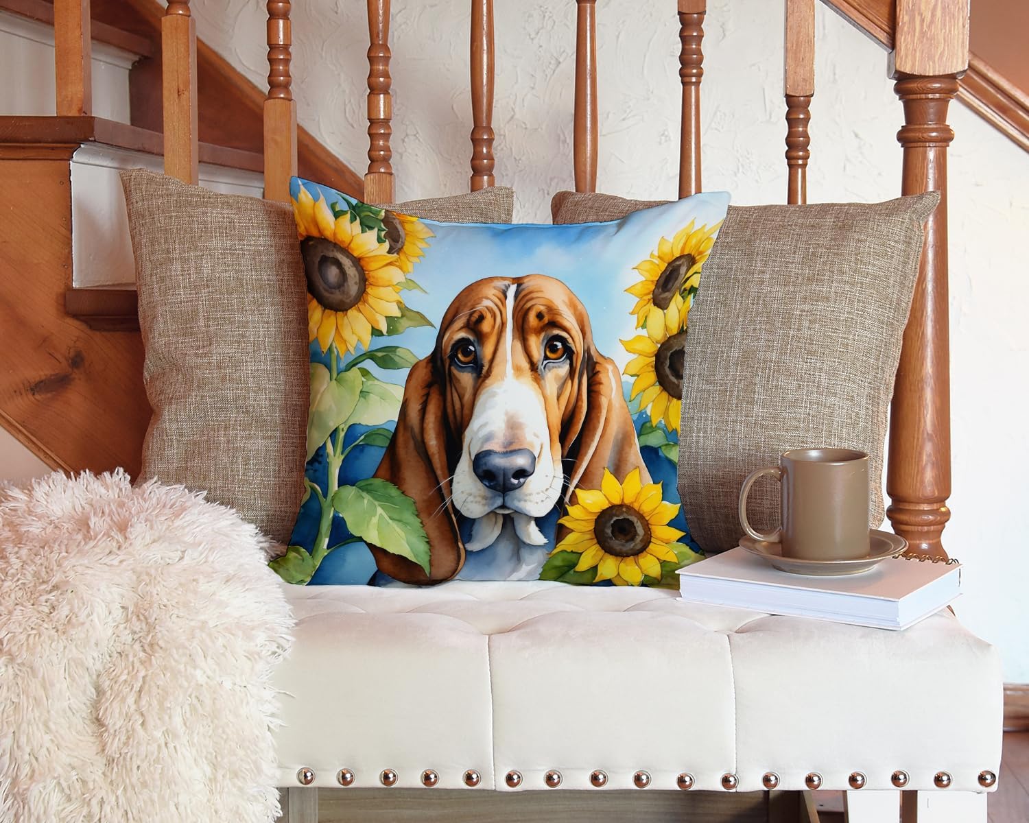 Caroline's Treasures in Sunflowers Throw Pillow, 14Hx14W, Basset Hound 6017