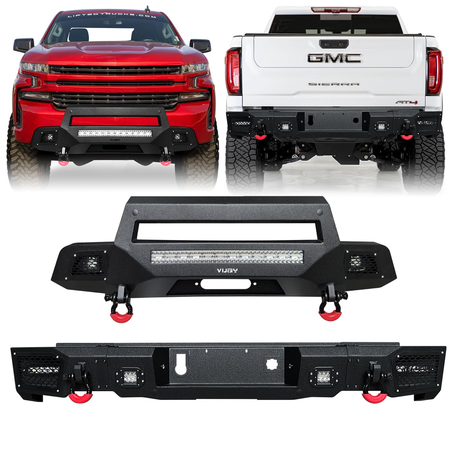 Front and Rear Bumper with Winch Plate and 7 LED Light and 4 4.75T D-Rings and Sensor Mounting Holes Compatible with 2019 2020 2021 2022 Chevy Silverado 1500 (Excluding LT Models)