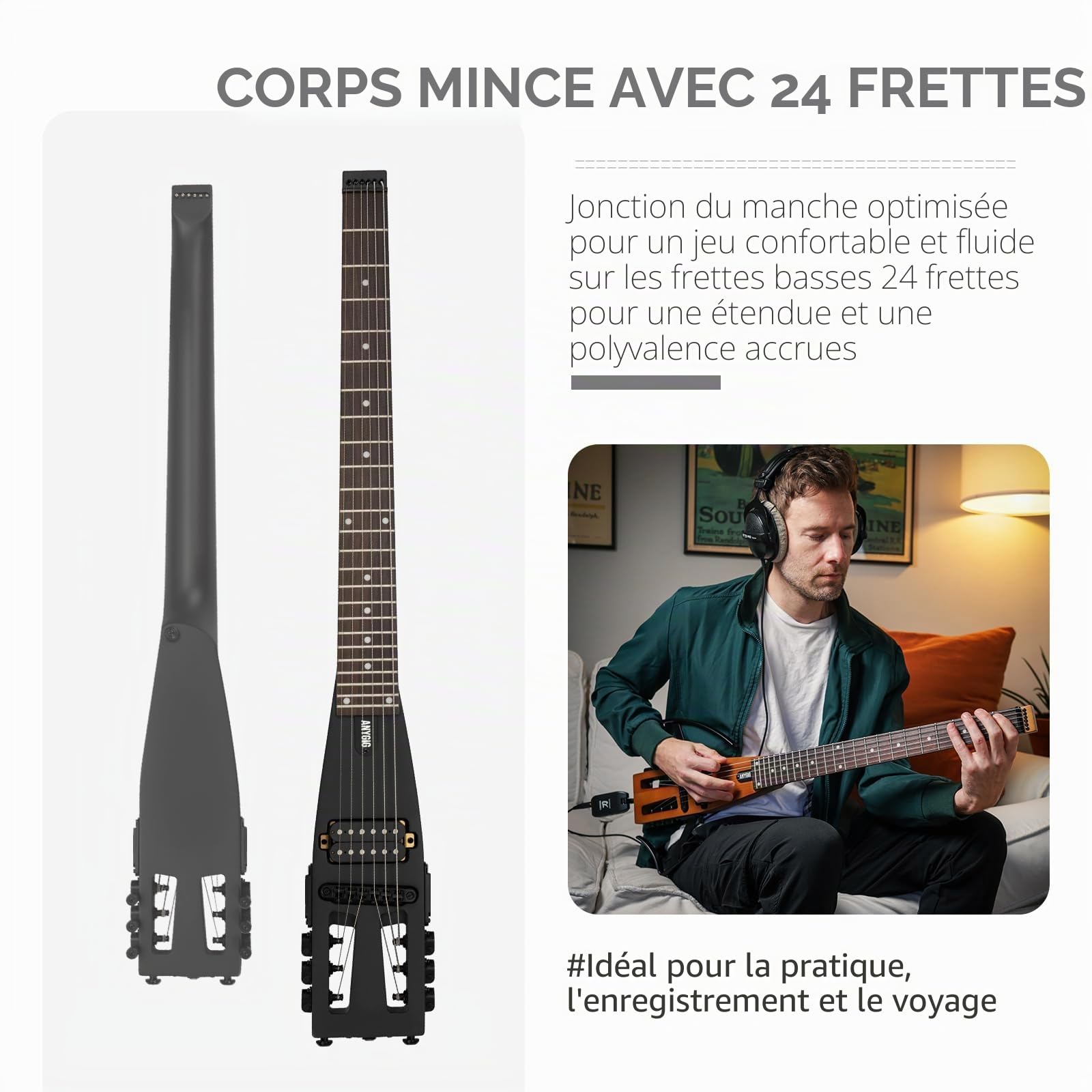 Guitare électrique de voyage, headless – portable, ultra-légère, diapason complet 25,5", palissandre, humbucker lumineux, housse de transport, supports amovibles, Noir