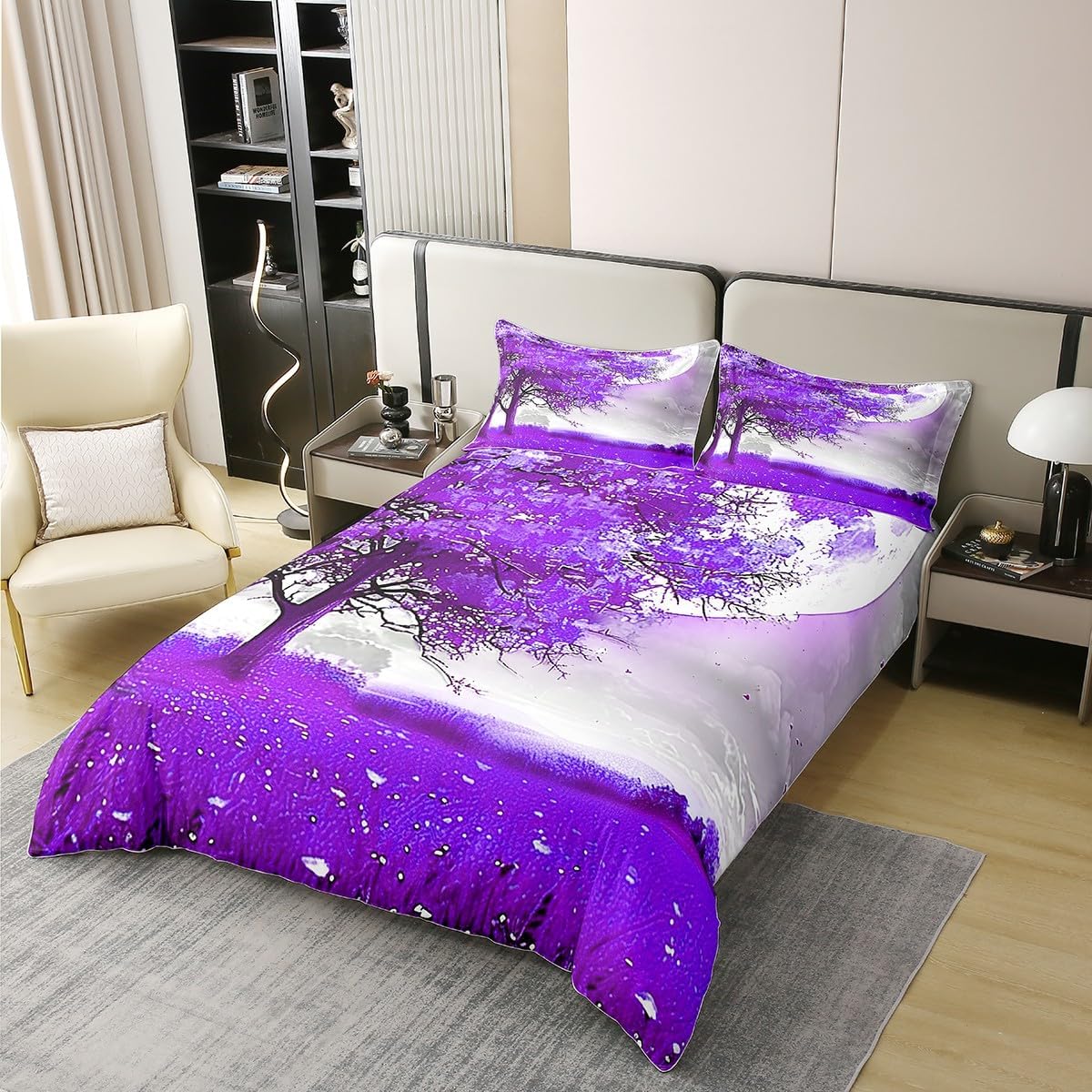 Life Tree Comforter Cover Queen Bohemia Moon Night 100% Organic Cotton Duvet Cover Purple Nature Grass Bedding Sets Western Farmhouse Bedspread Cover with 2 Pillowcases Soft(No Comforter)