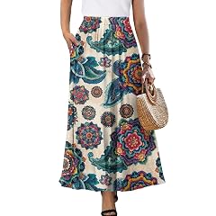 Womens Summer Casual Dress A-Line Midi Elastic High Waist Pleated Long Skirts with Two Pocket Size S-2XL