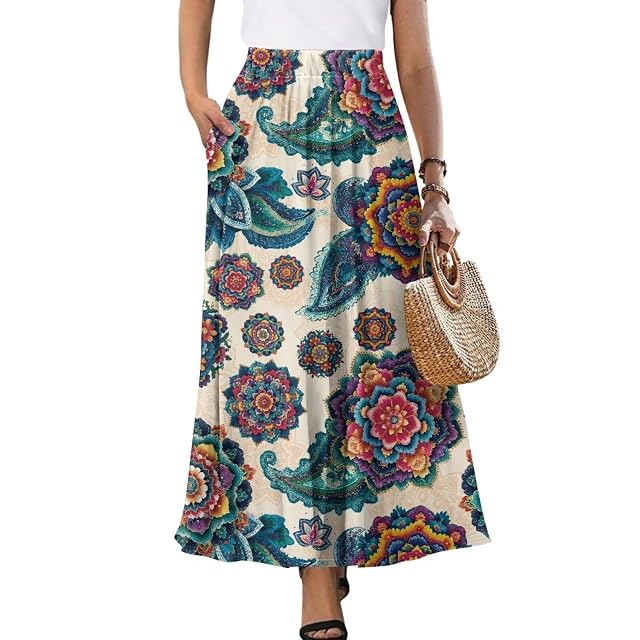Womens Summer Casual Dress A-Line Midi Elastic High Waist Pleated Long Skirts with Two Pocket Size S-2XL
