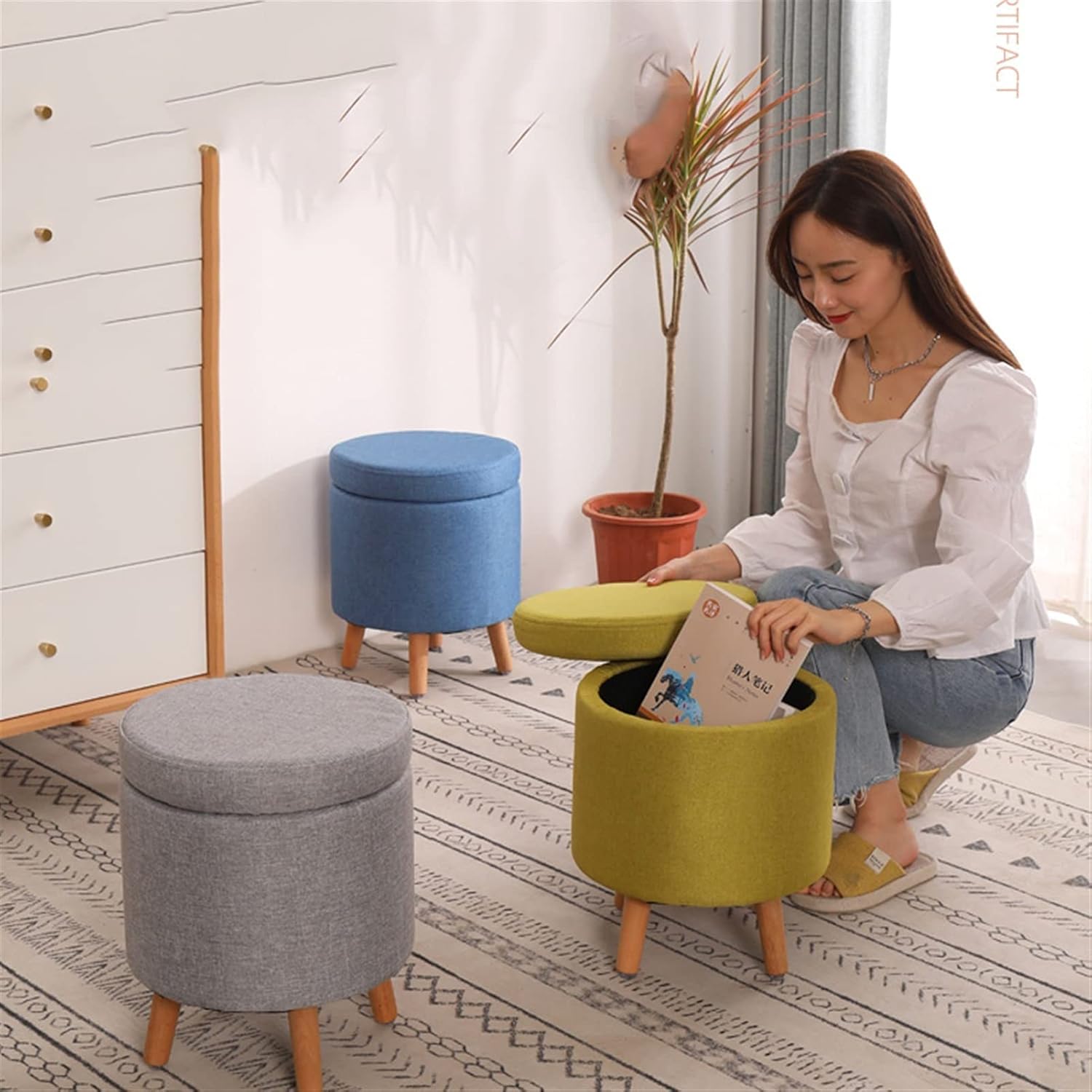 Round Storage Stools, Fabric Low Stools for Adults, Shoe-Changing Stools for Household Use, and Creative Benches. (Color : Light Gray)