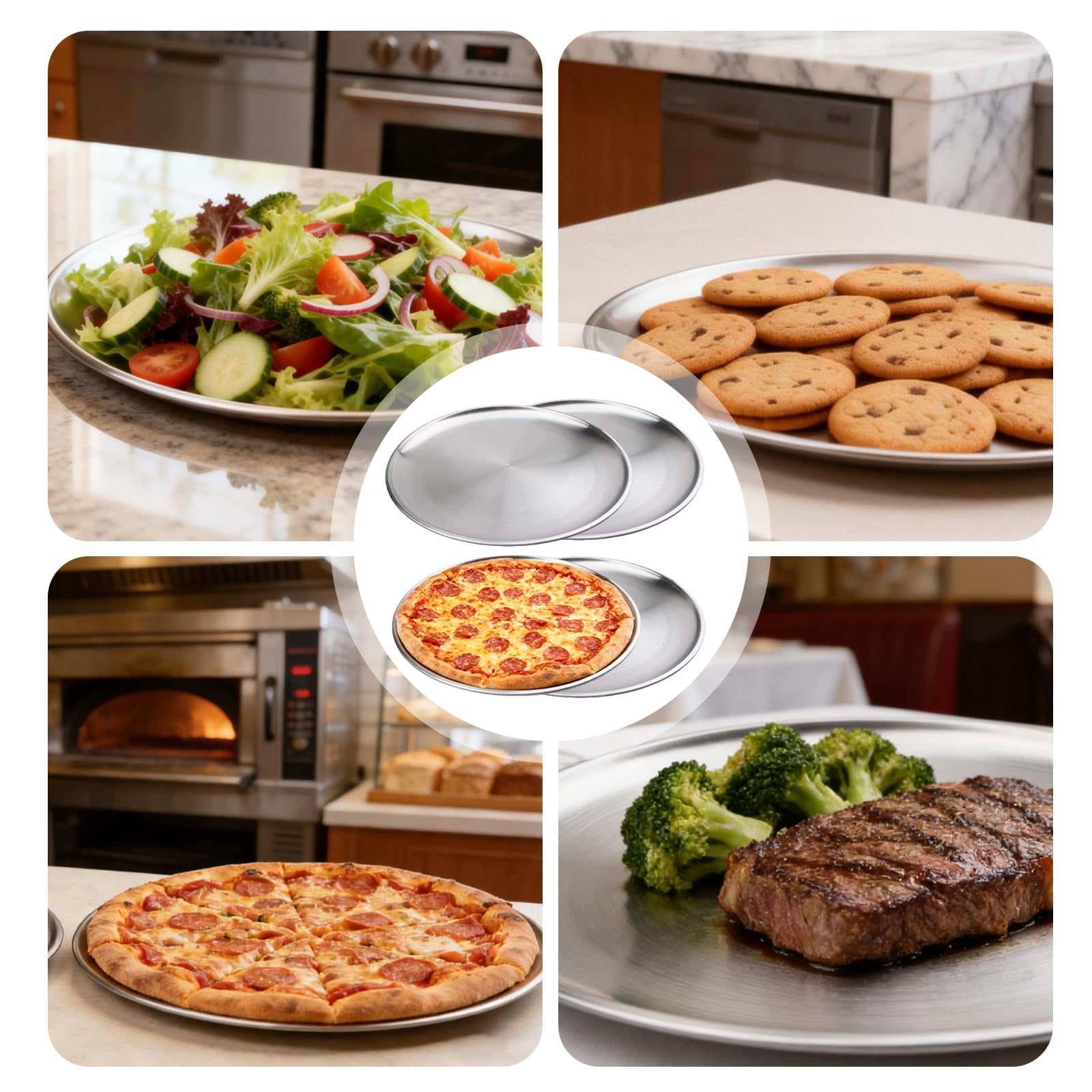 Lot de 4 plaques à pizza en acier inoxydable : 30 cm - Forme ronde - Fabrication de qualité supérieure - Plaque à pizza pour four - Pour hôtel et maison - Passe au lave-vaisselle - Argenté