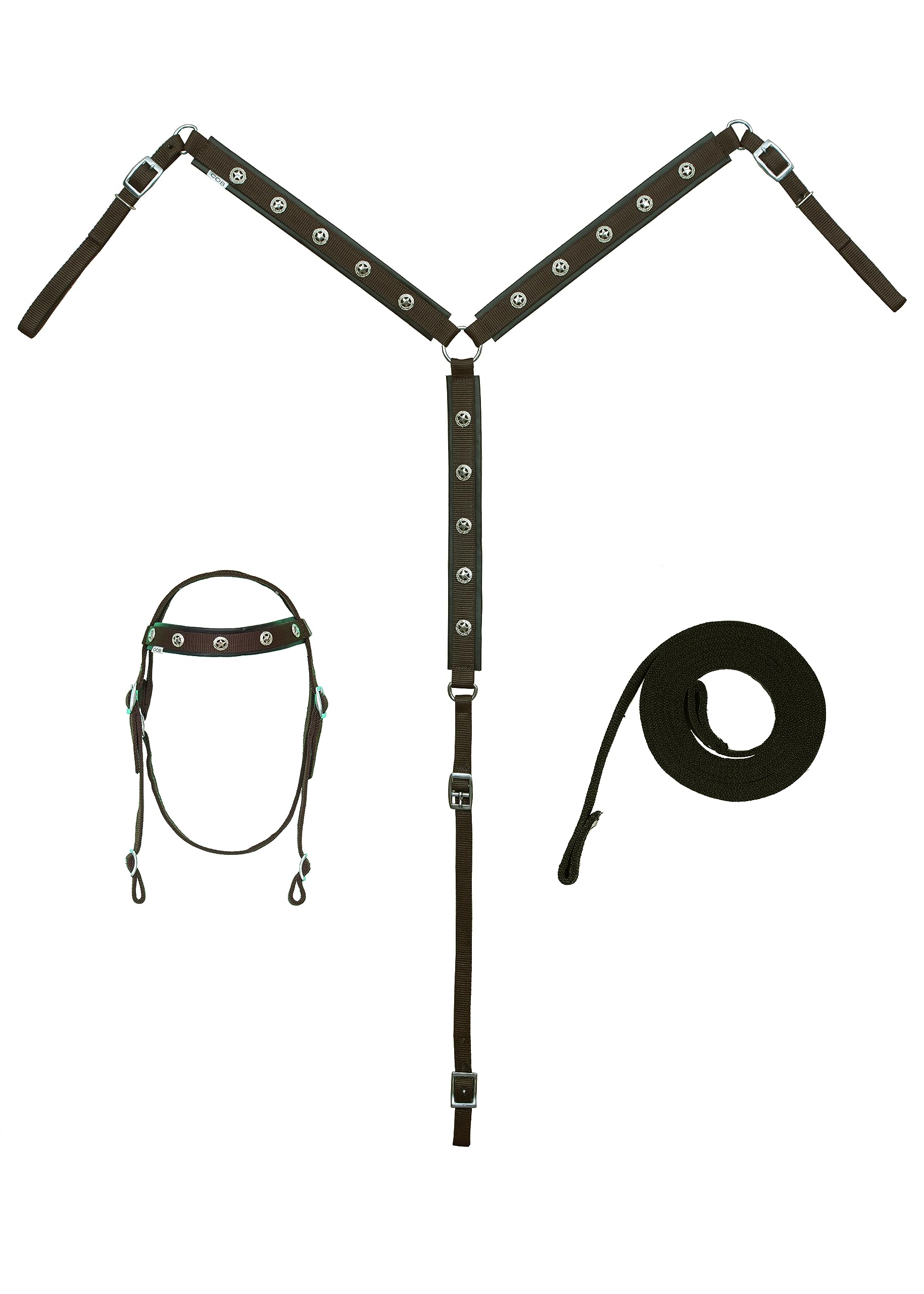 SS19 Synthetic Horse Tack Set Headstall Breast Collar with Reins, Western Hand Made Synthetic Equestrian, Colors: Black Brown Red Pink Blue Teal Purple in Full and Cob Sizes(Cob,Bi-Color,Black-Blue)