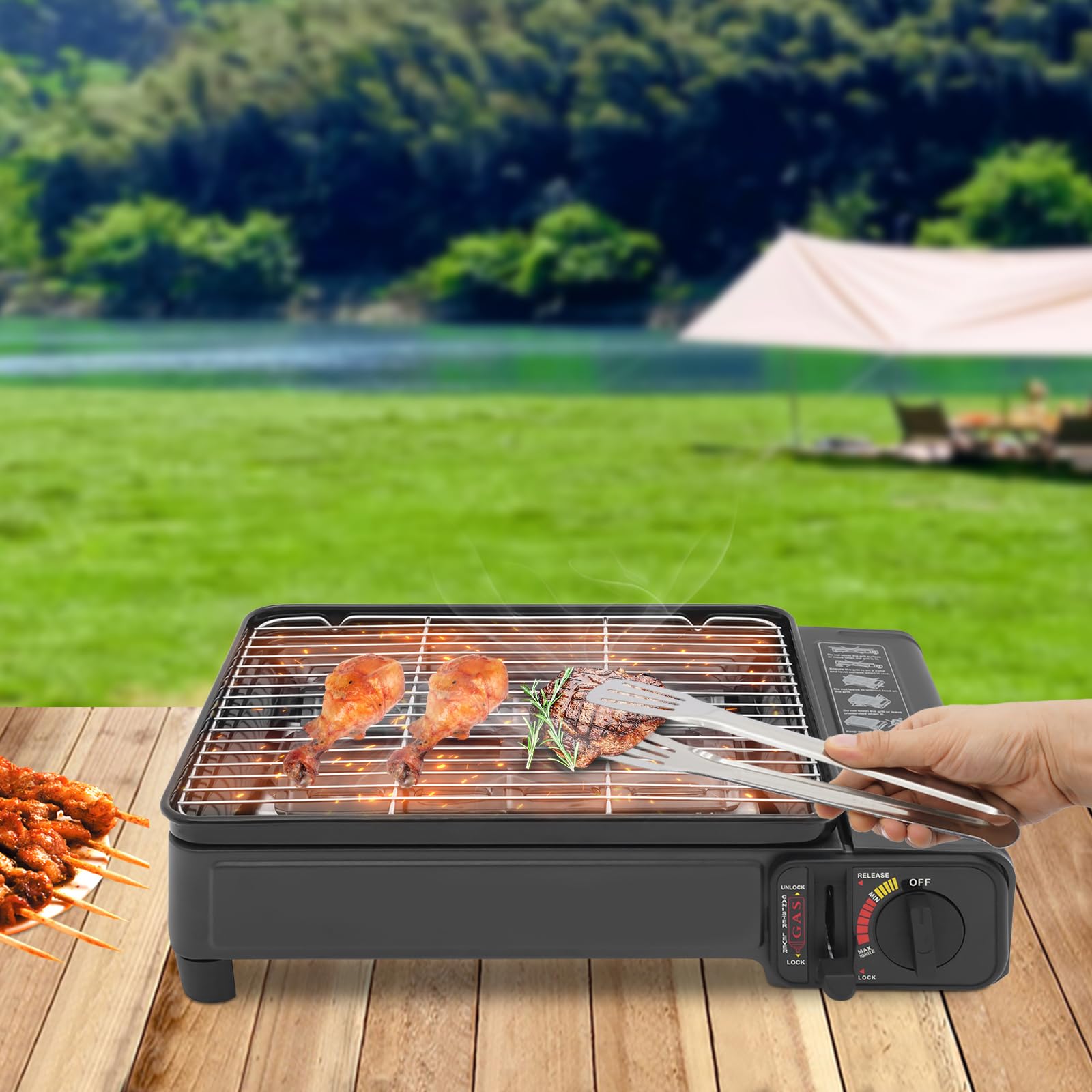 Barbecue à gaz portable, Barbecue de camping, cuisinière de camping, avec sac de transport et bac à graisse, Barbecue au butane pour camping, barbecue, pour pique-nique, terrasse, 42x26x11cm