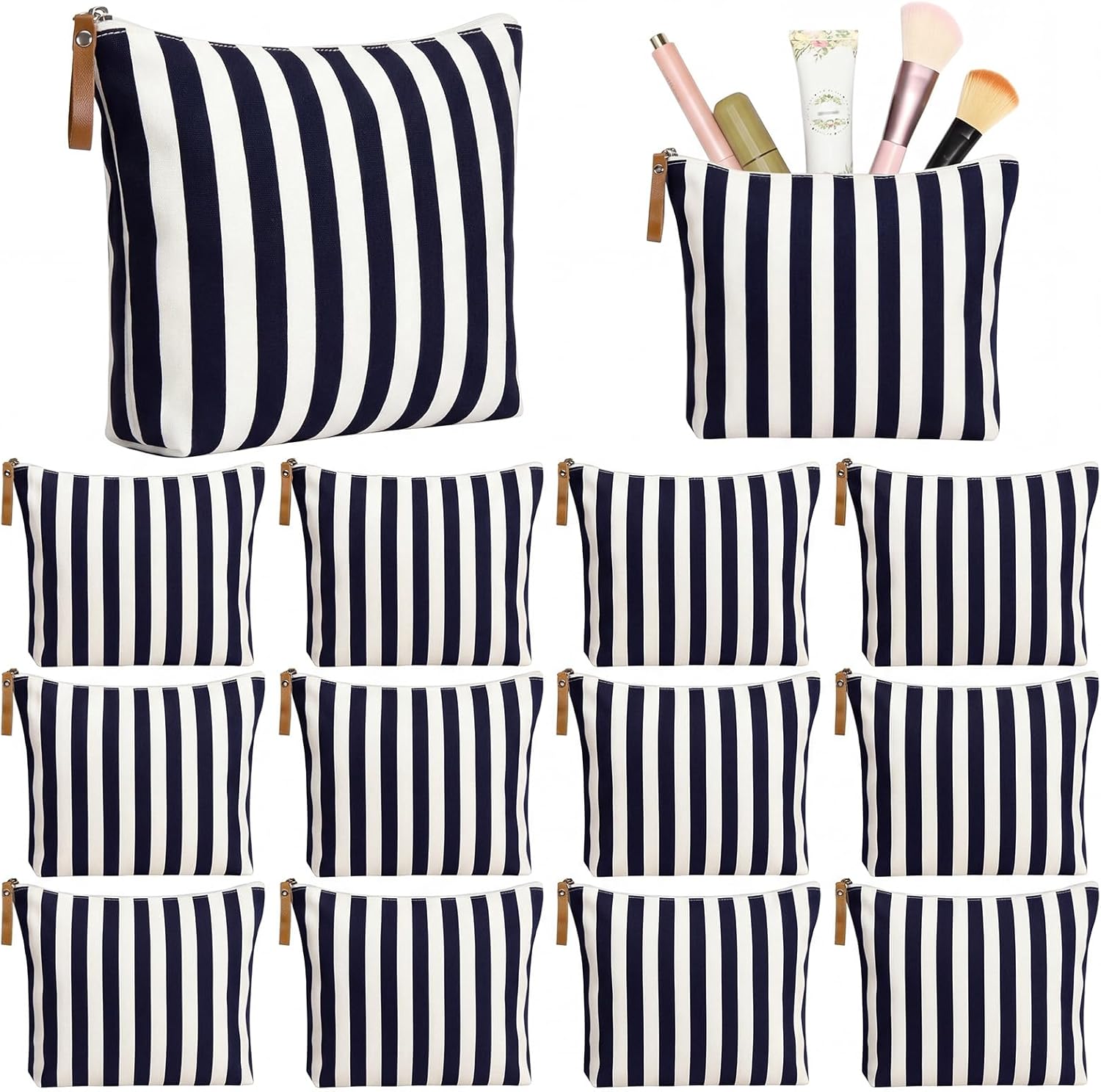 Hillban 12 Pcs Red Striped Makeup Bags Bulk Canvas Cosmetic Bag Travel Toiletry Organizer Zipper Pouch Bags for Women Bridemaids Party Favors