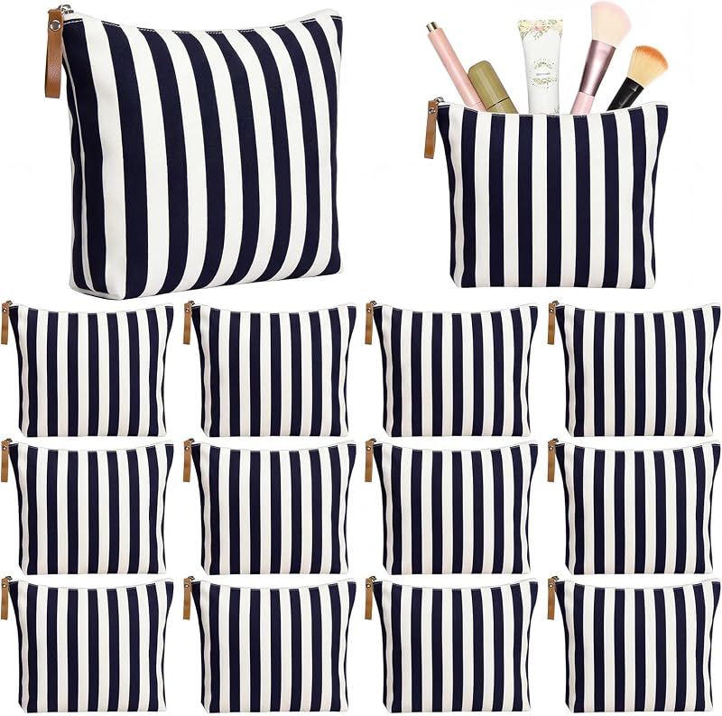 Hillban Necessaires de Maquiagem Listradas em Canvas Preto e Branco, Pacote com 12