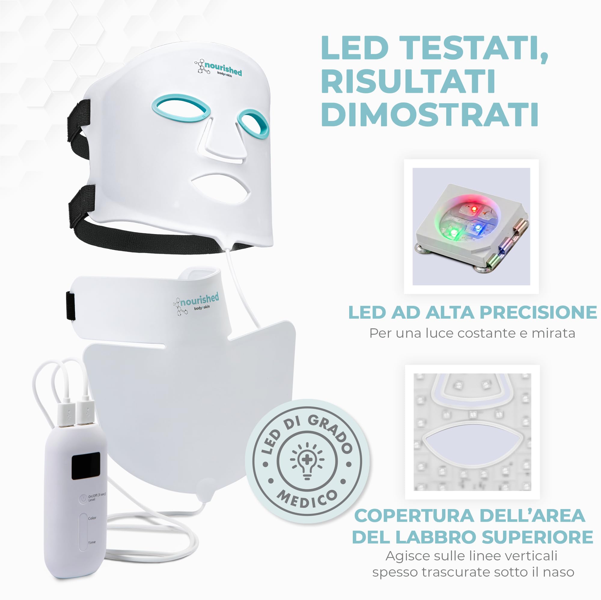 Nourished Bodynskin Maschera di Terapia con Luce LED per Viso & Collo - Dispositivo per la Cura della Pelle del Viso - 7 Colori Rosso & Blu - Ringiovanimento, Prodotto Anti-invecchiamento per le Rughe