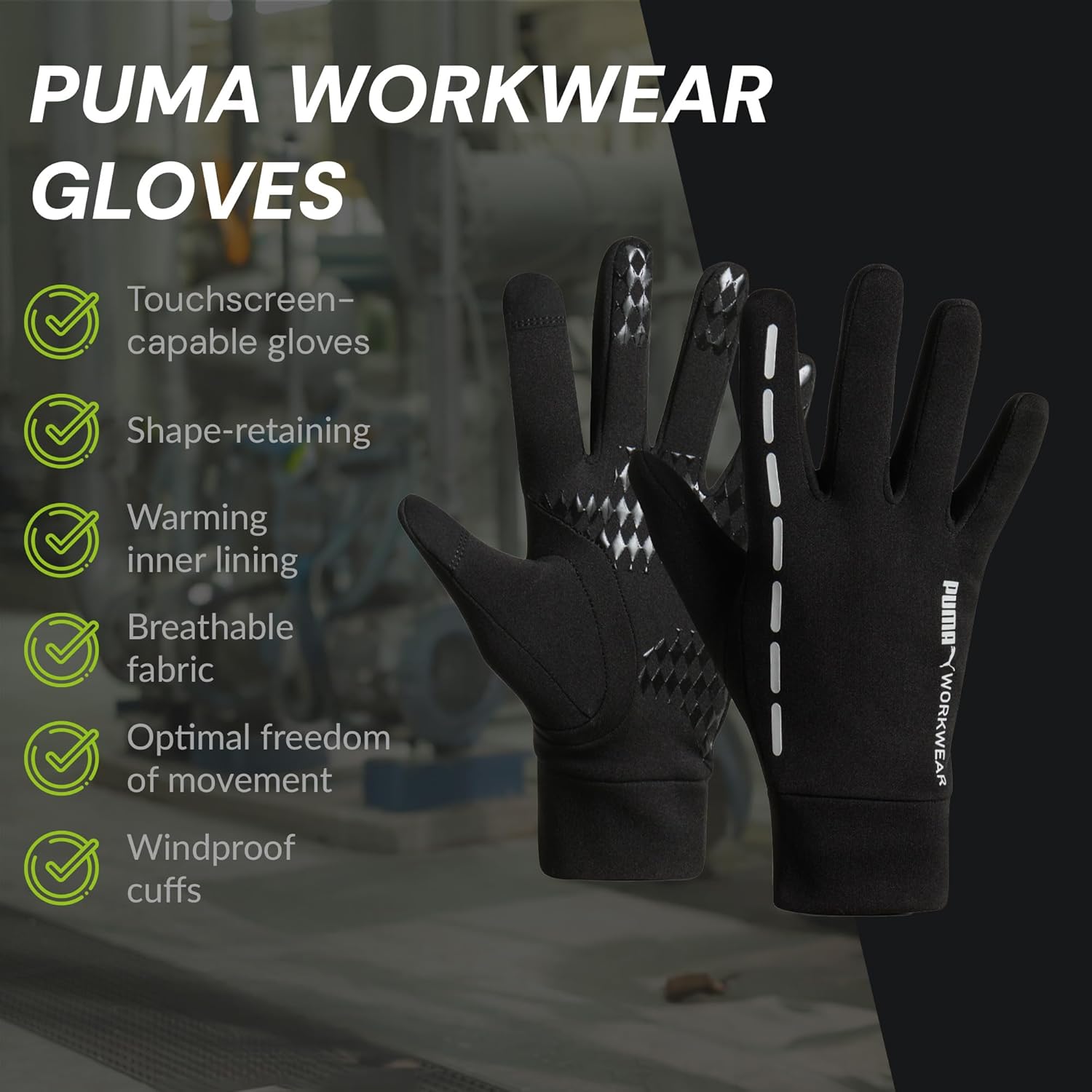 PUMA WORKWEAR Tek-One work gloves with touch and anti-slip elements are ideal for spring, winter, and autumn