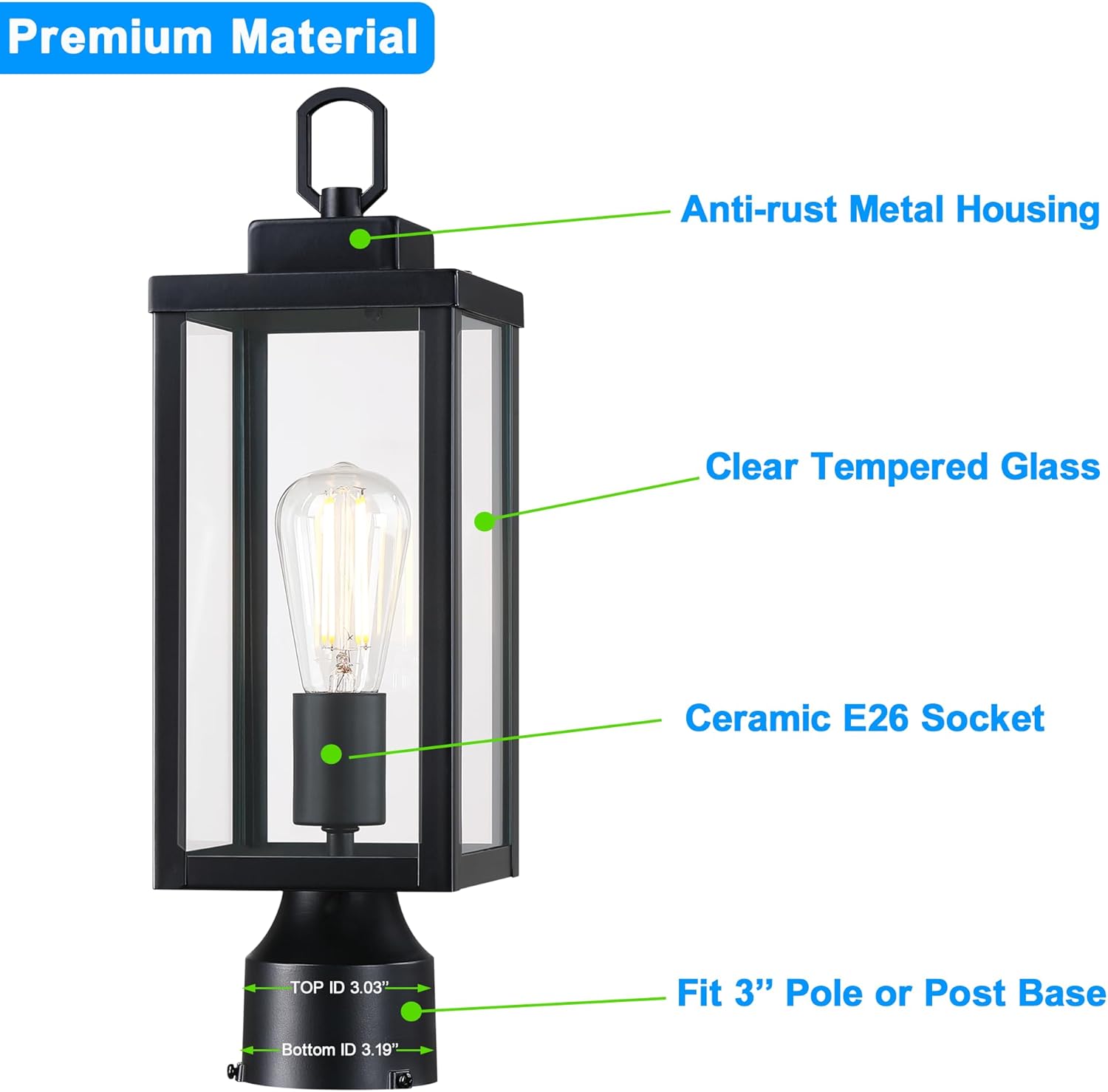 YaoKuem Outdoor Post Light, Pole Lantern, E26 Base 60W Max, Metal Housing Plus Glass, Wet Location Rated, Bulbs not Included, Matte Black, 1 Pack