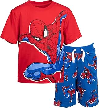 Marvel Spidey And His Amazing Friends - Conjunto De Camiseta Y Pantalones Cortos A Cuadros Para Niños Pequeños A Niños Grandes (2T - 10-12), Gris Y Azul Marino, 4 Años