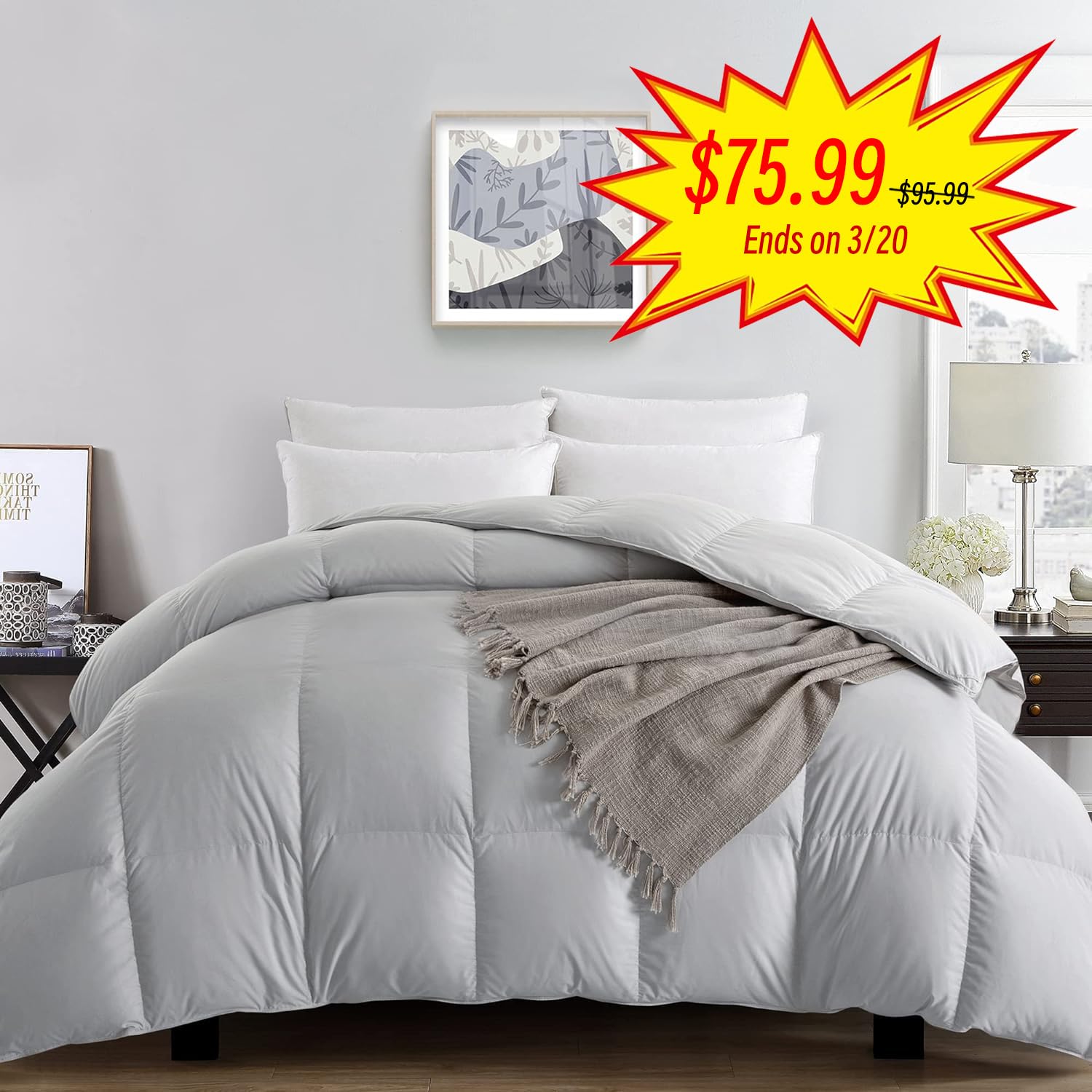 Puredown Feather Comforter Full/Queen Size - All Season, Hotel Collection, Grey