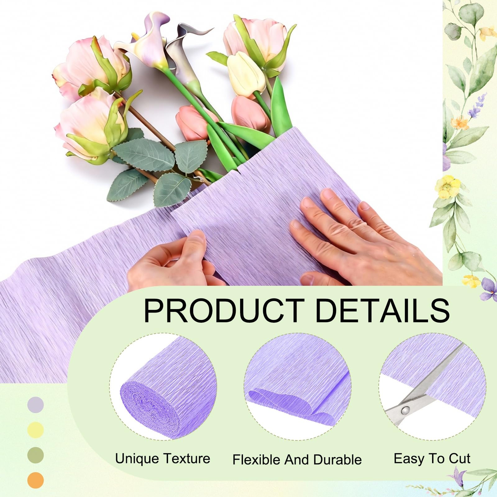 QUARKZMAN 3 Rouleaux De Papier Crêpe, 19 x 98 Pouces Large Feuilles Épaisses De Crêpe Guirlande Fleur Pour DIY Cadeau Emballage Fleur Artisanat Anniversaire Mariage, Violet Clair